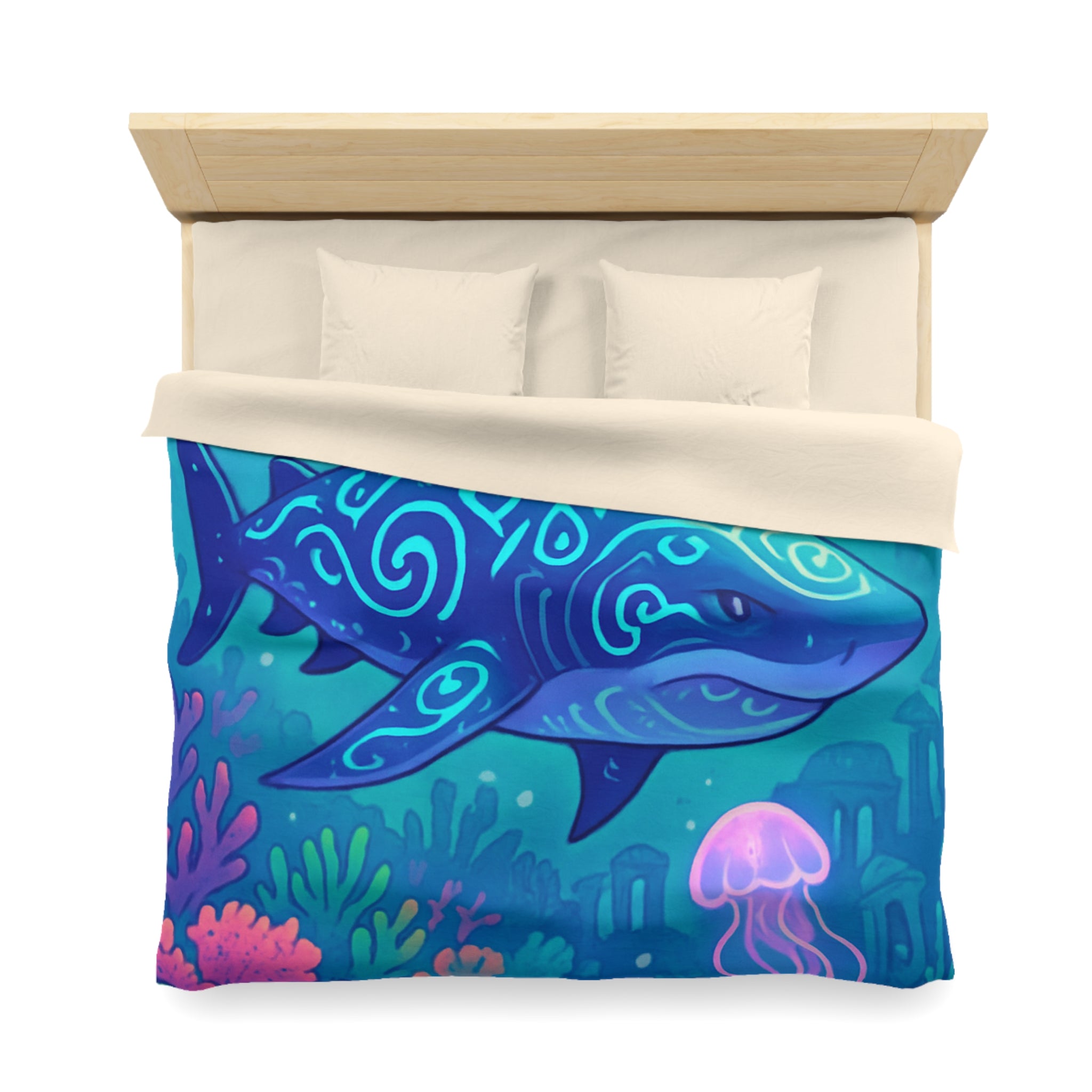 Housse de couette océan fantastique avec requin luminescent et méduses colorées