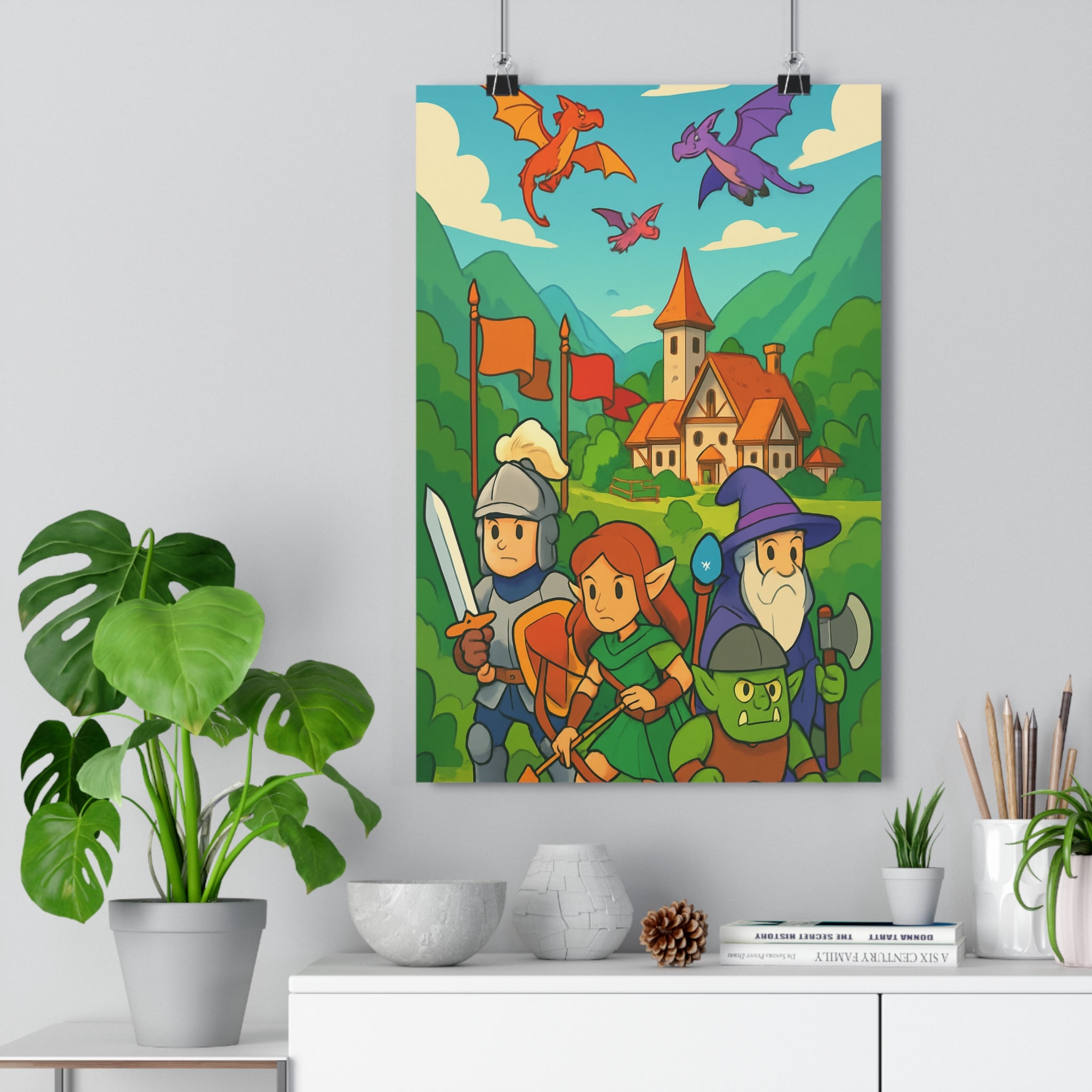 Poster décoratif fantastique animé joyeux chambre salon vibrant chevalier elfe sorcier montagne dragon château