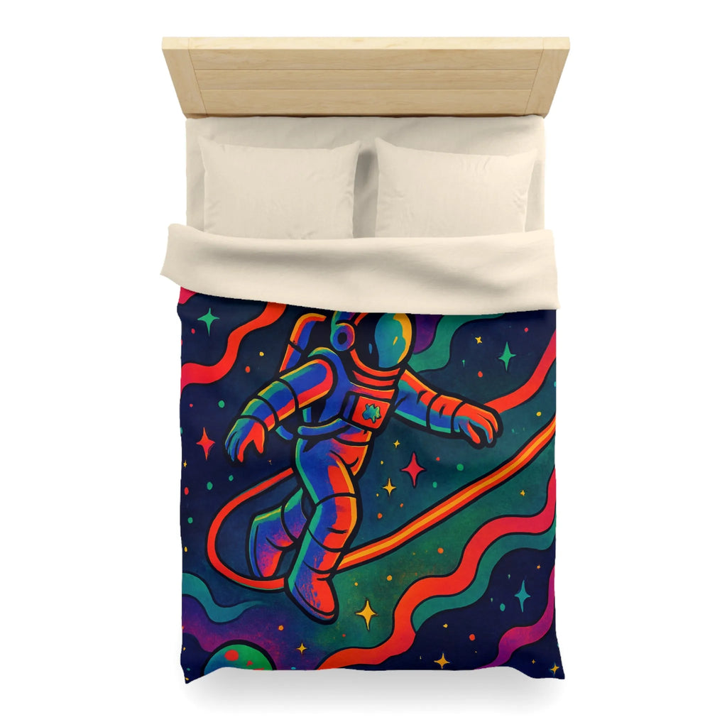 Housse de couette astronaute flottant dans un cosmos aux couleurs psychédéliques vibrantes