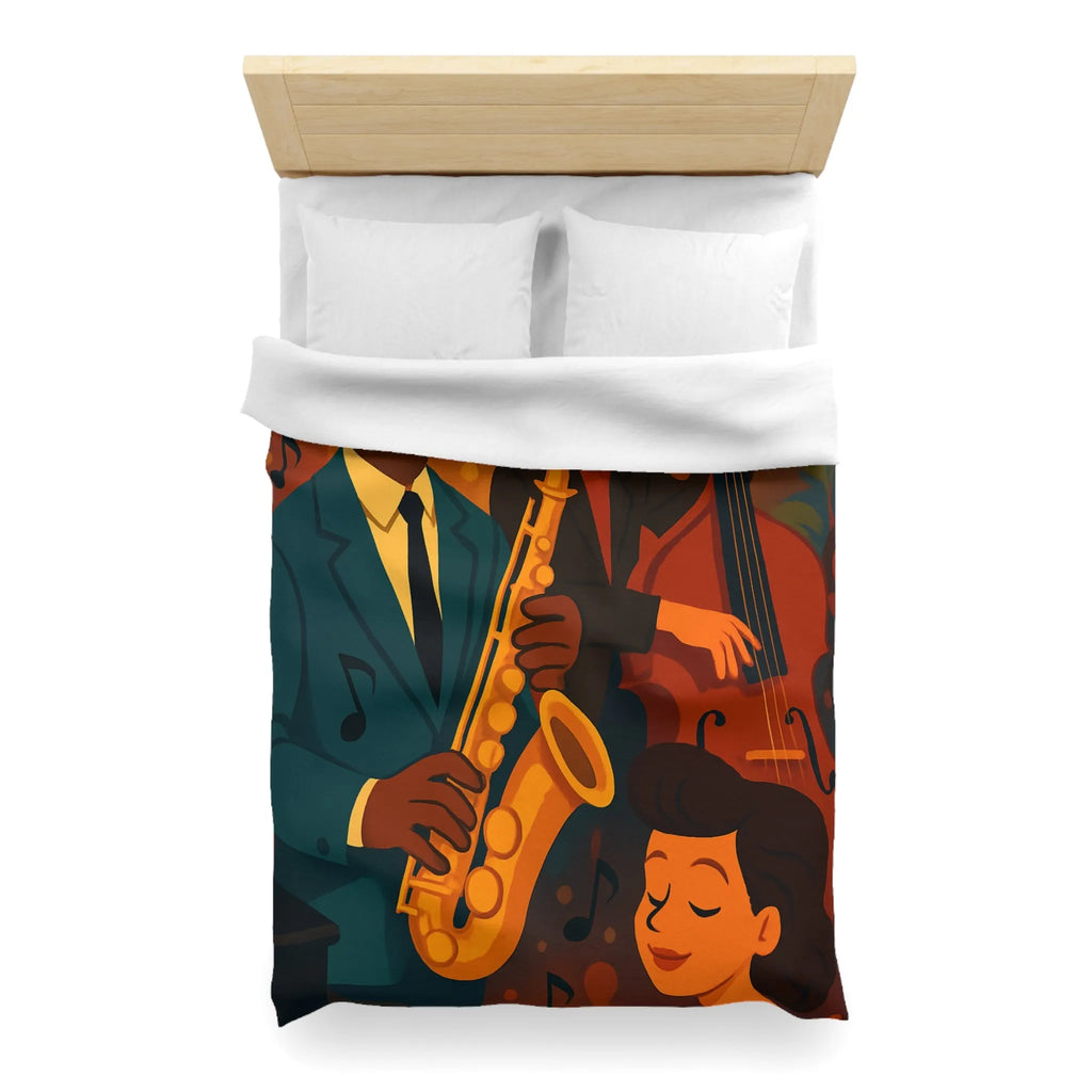 Housse de couette jazz rétro avec musiciens passionnés jouant du saxophone et contrebasse