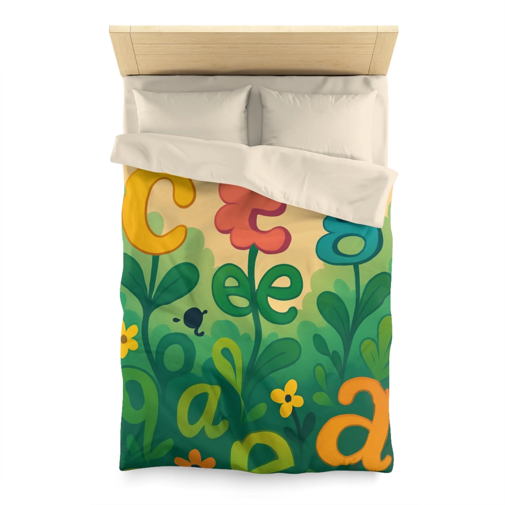 Housse de couette colorée avec lettres et fleurs pour chambre d'enfant joyeuse