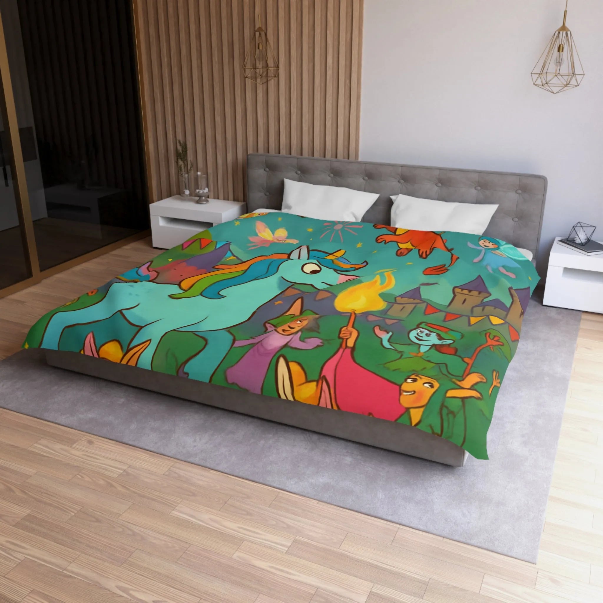 Housse de couette colorée avec licornes, dragons et fées au festival magique