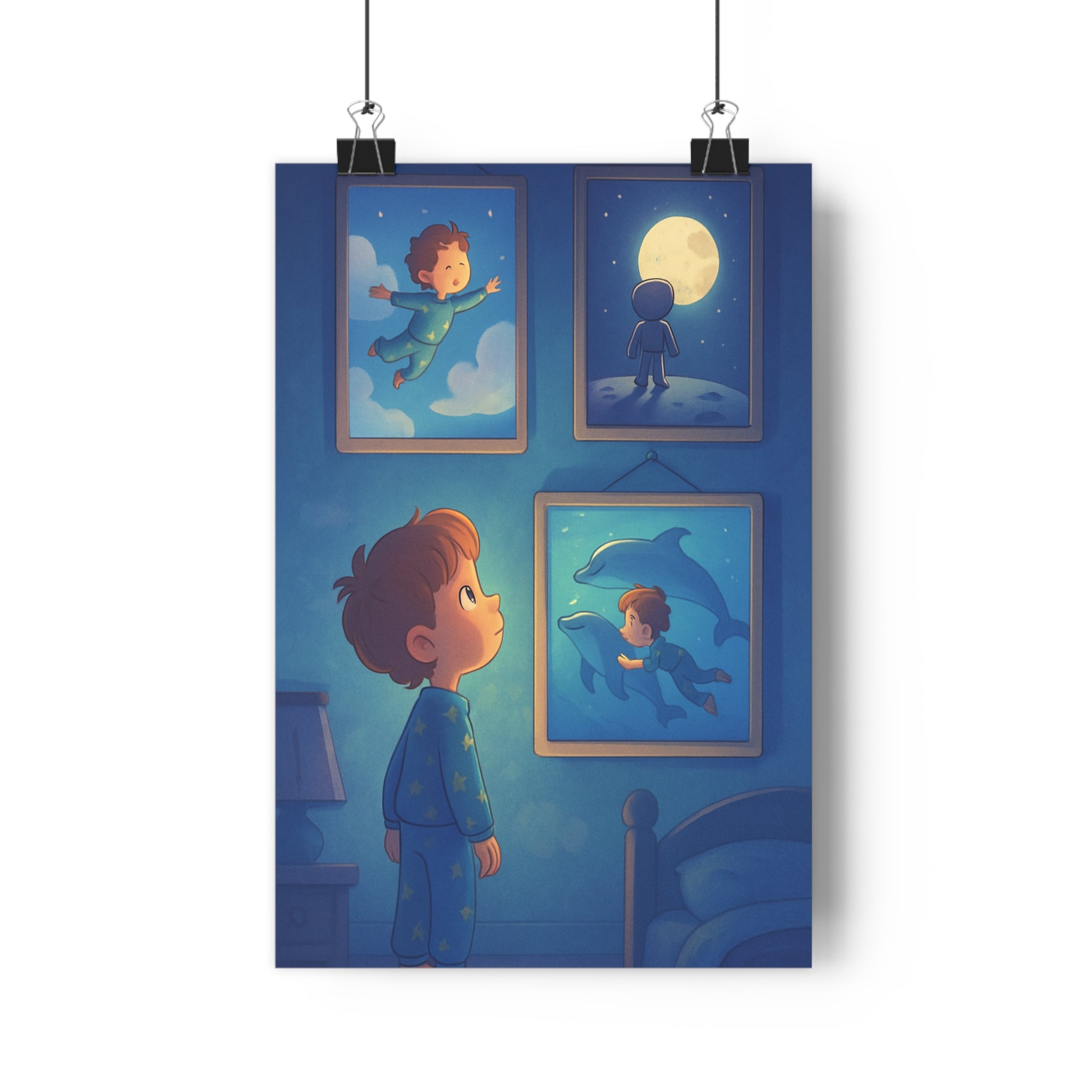 Poster décoratif enfant rêveur pyjama bleu jaune cartoon chambre mystique aventure cadre nuages lune