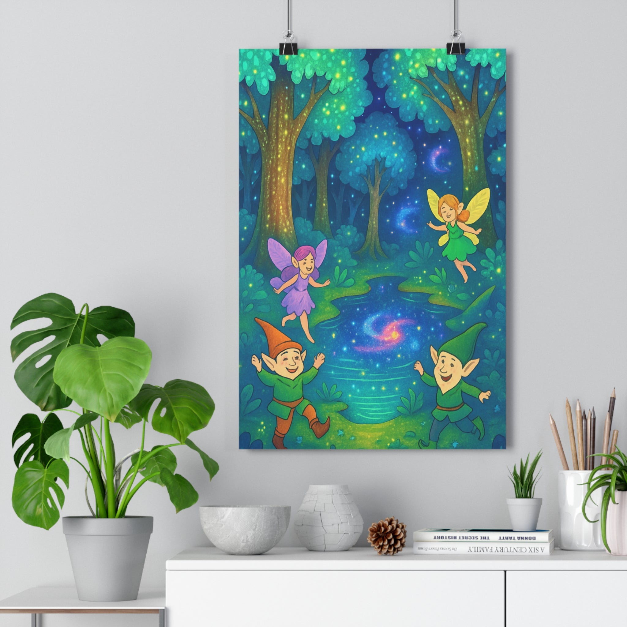 Poster décoratif forêt enchantée féerique vert bleu mystique chambre enfant nature magique fantastique lumineux