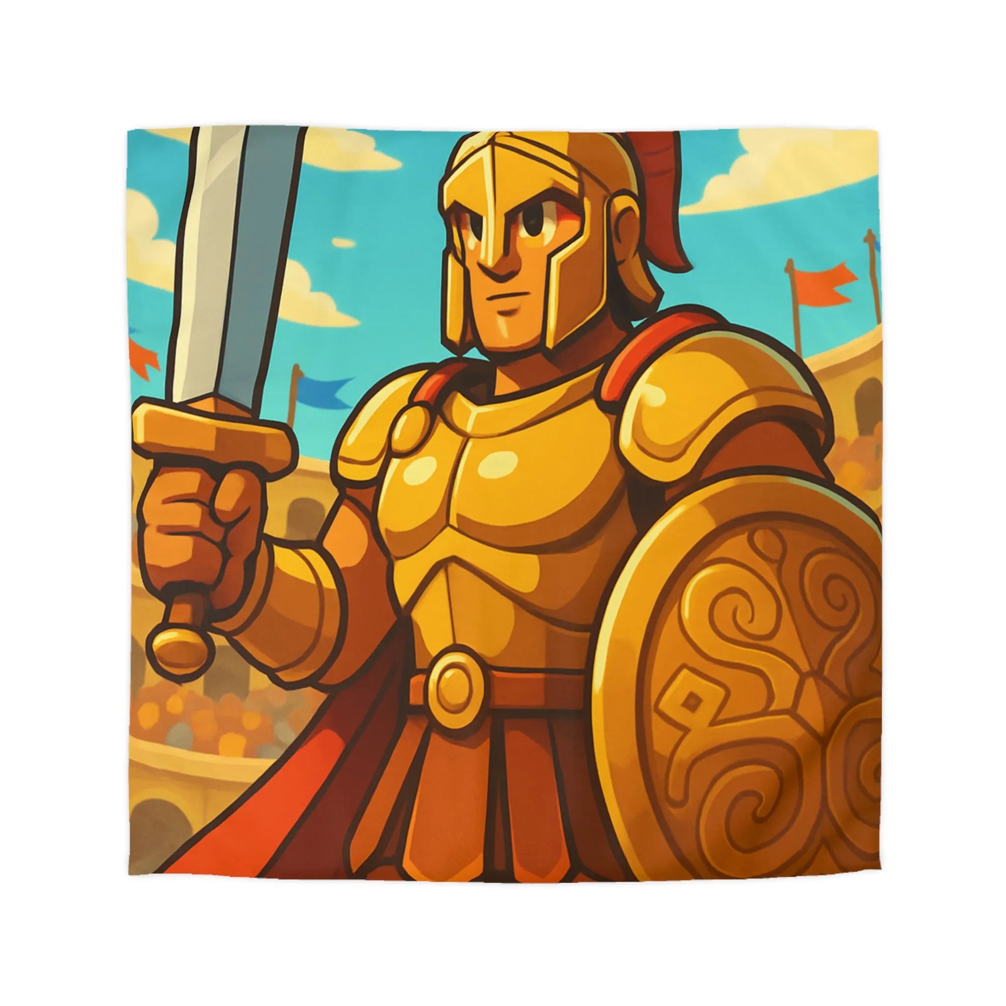 Housse de couette gladiateur doré avec épée et bouclier, décor d'arène coloré