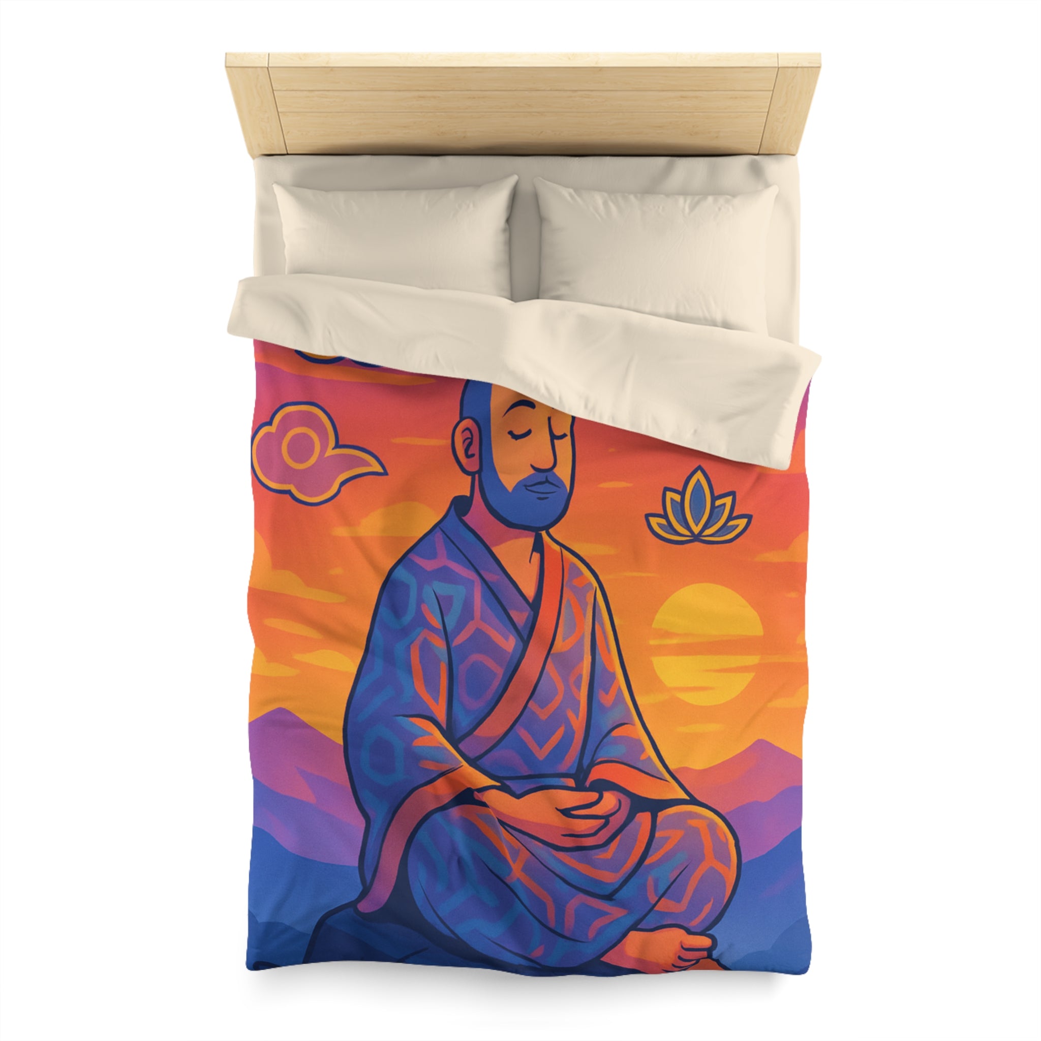 Housse de Couette Zen Moine Méditant au Coucher de Soleil Avec Fleurs de Lotus