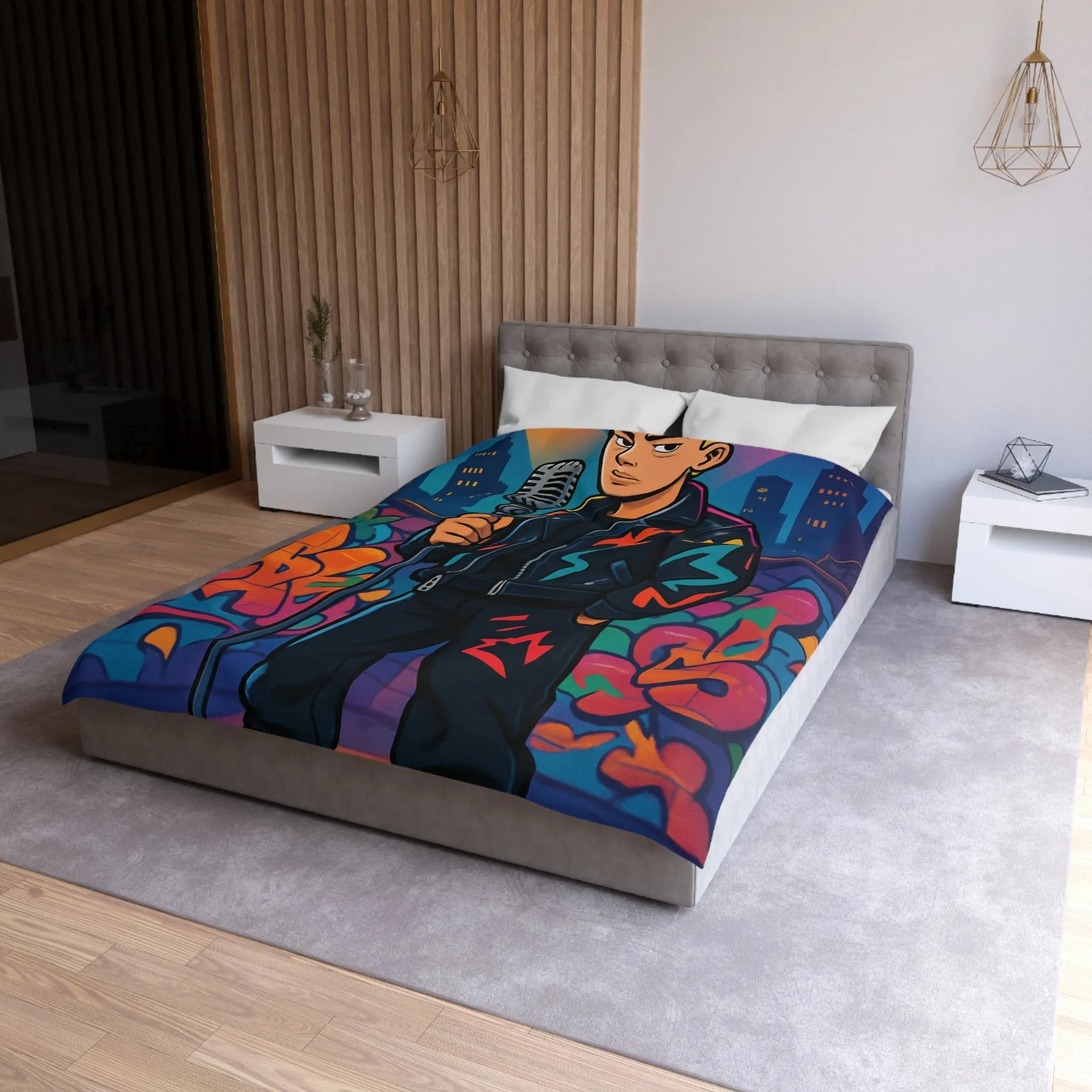Housse de couette colorée graffiti style urbain avec chanteur devant micro rétro