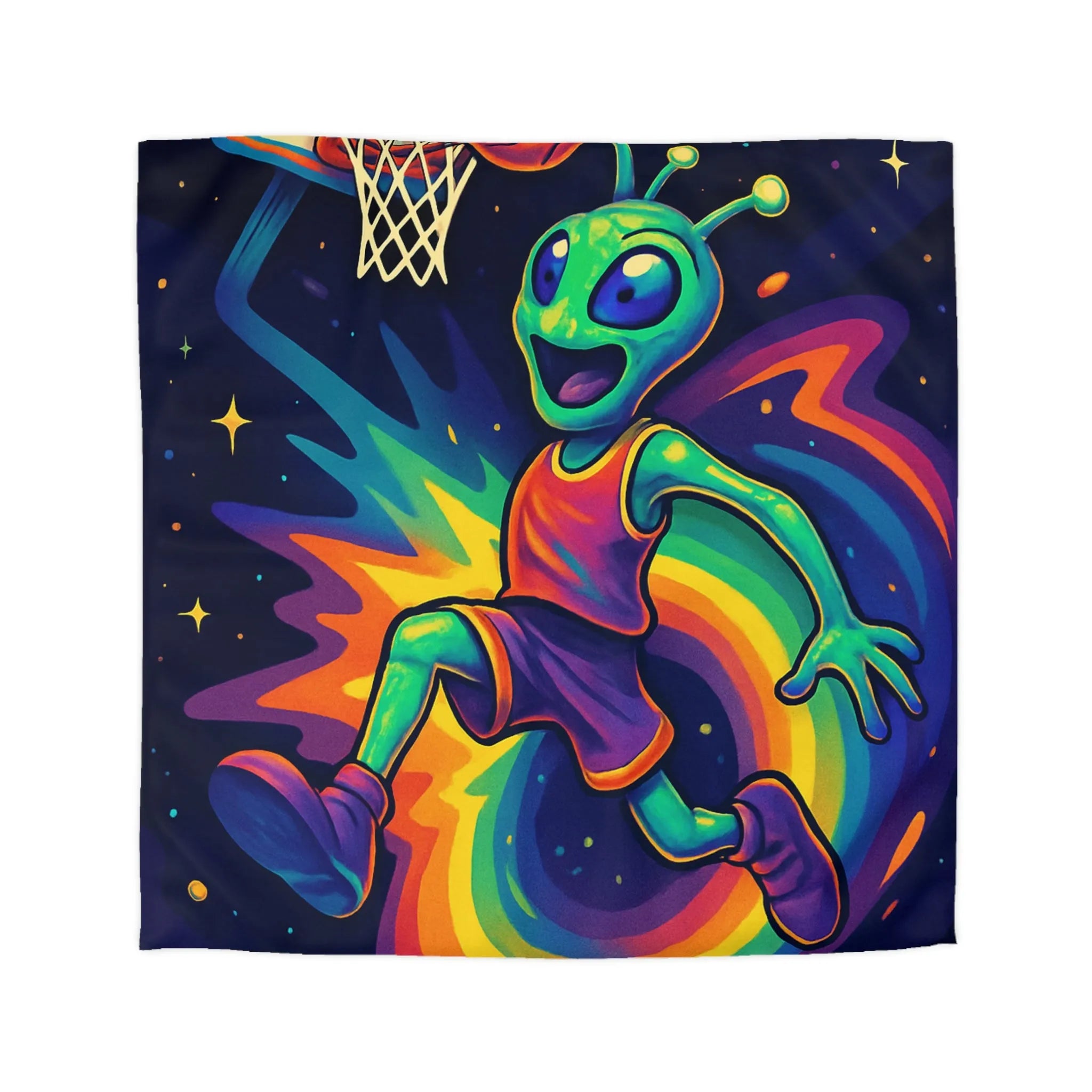 Housse de couette colorée avec alien jouant au basket dans l'espace intergalactique étoilé
