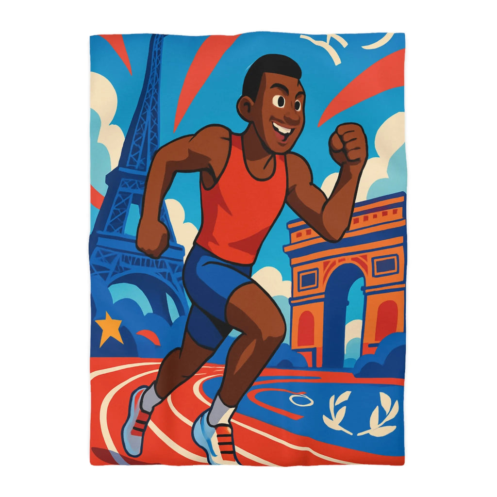 Couverture de lit sportive avec athlète vibrant et monuments emblématiques pour chambre dynamique