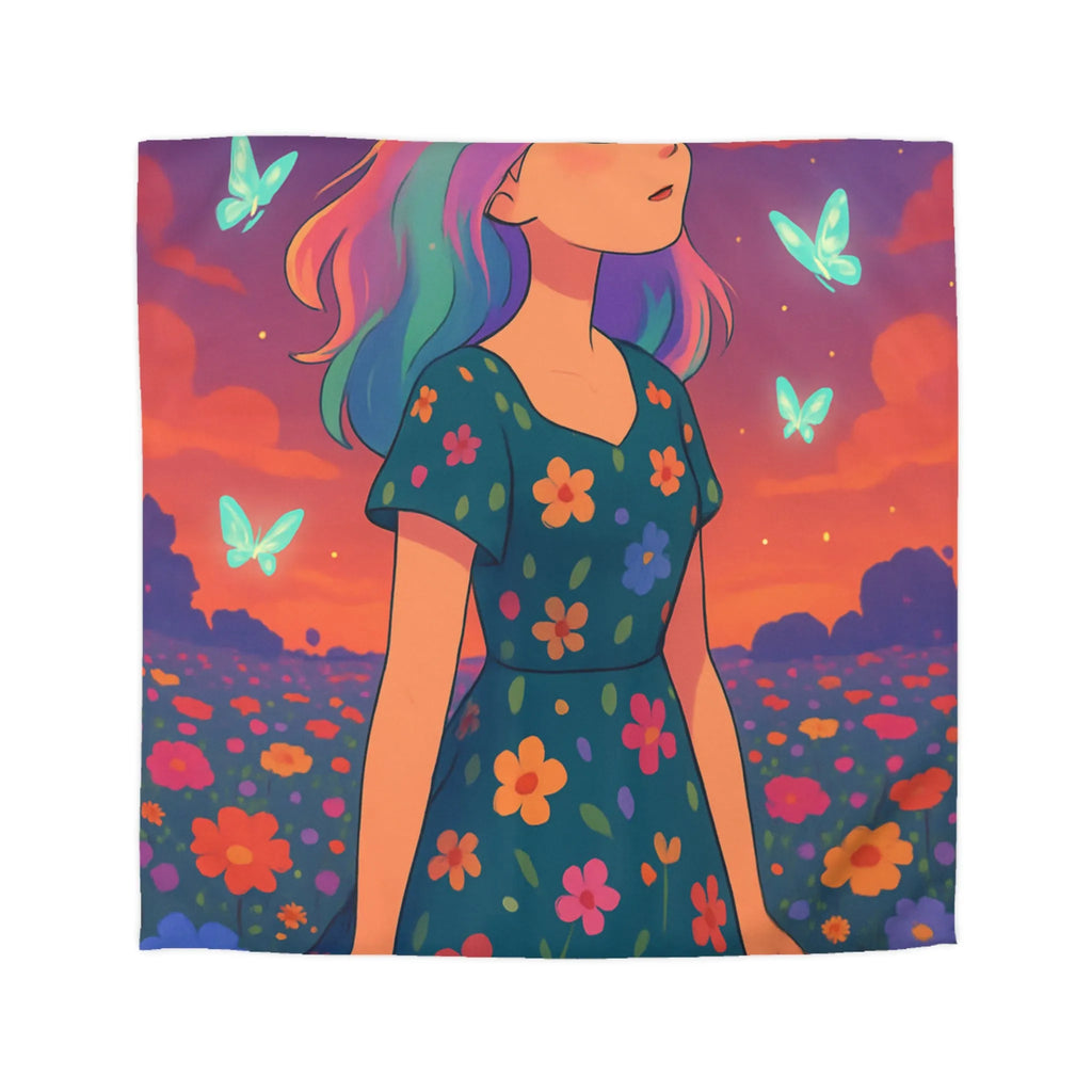 Housse de couette artistique avec fille et papillons dans champ fleuri vibrant
