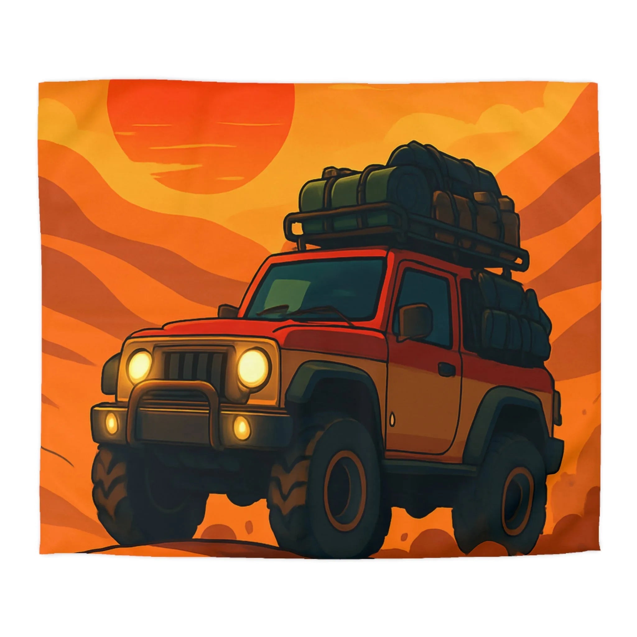 Housse de couette aventure désert rouge avec 4x4 et coucher de soleil éclatant