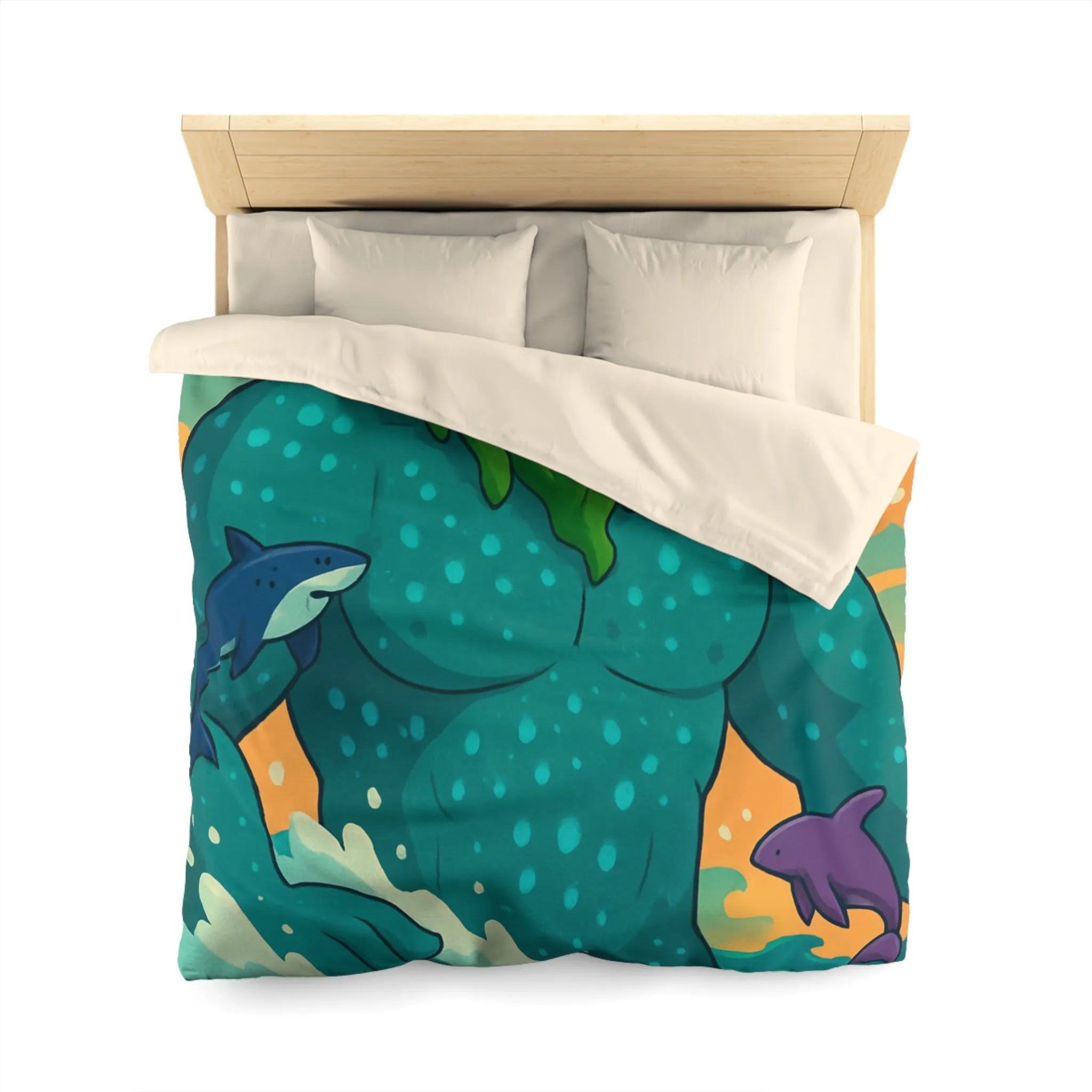 Housse de couette avec géant des mers, faune marine et ciel coloré