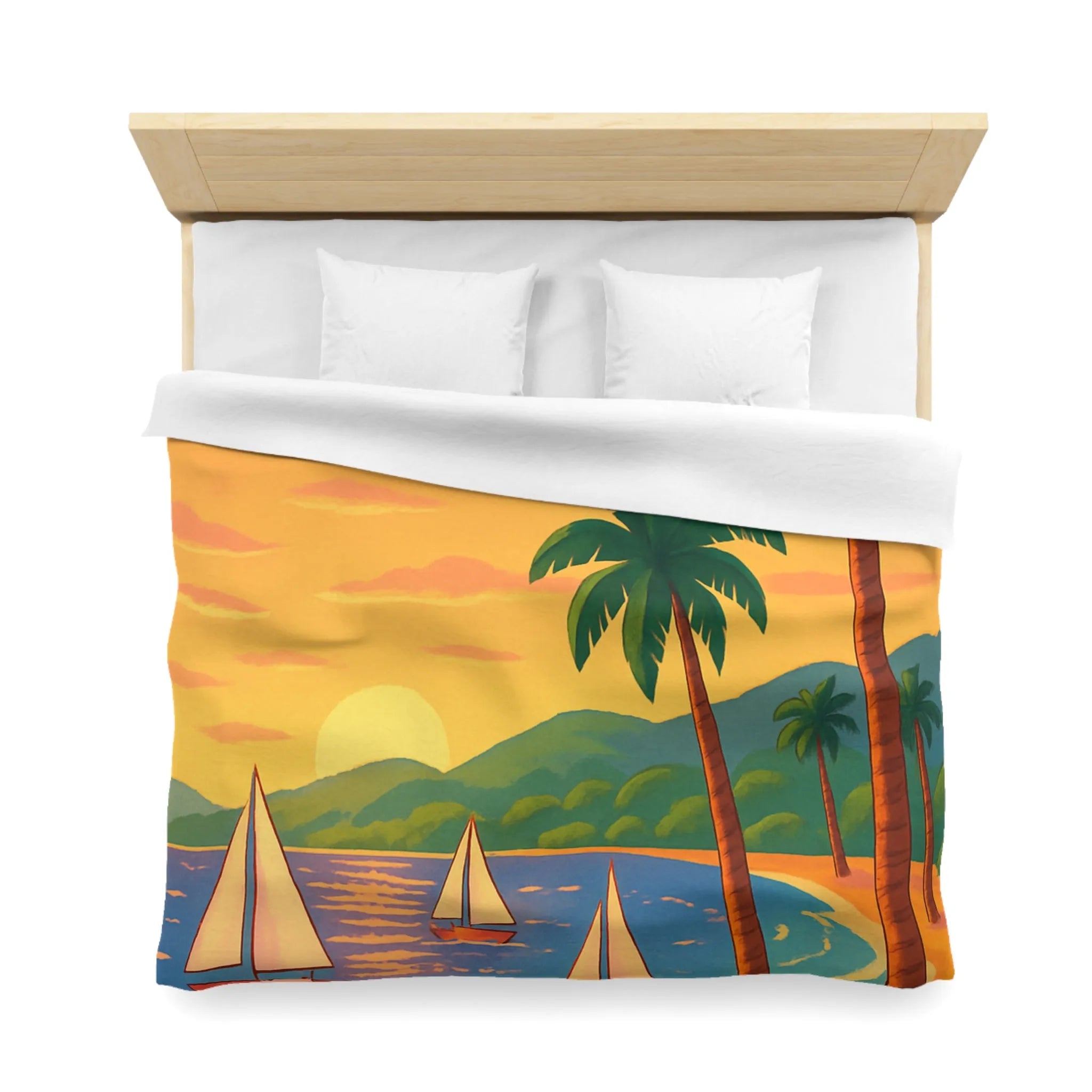 Housse de couette avec motif tropical, plage, palmiers et voiliers au coucher de soleil