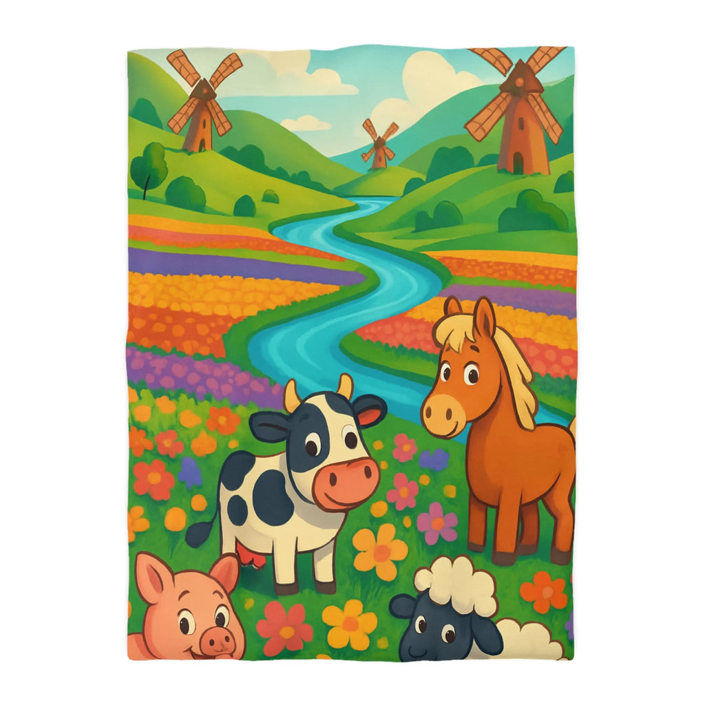 Housse de couette enfantine illustrée animaux de ferme joyeux et paysage champêtre coloré