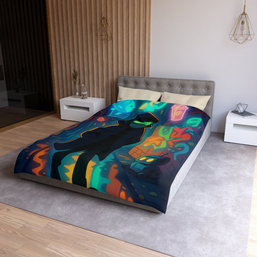 Housse de couette néon, ruelle urbaine cyberpunk avec technologie futuriste et graffitis colorés