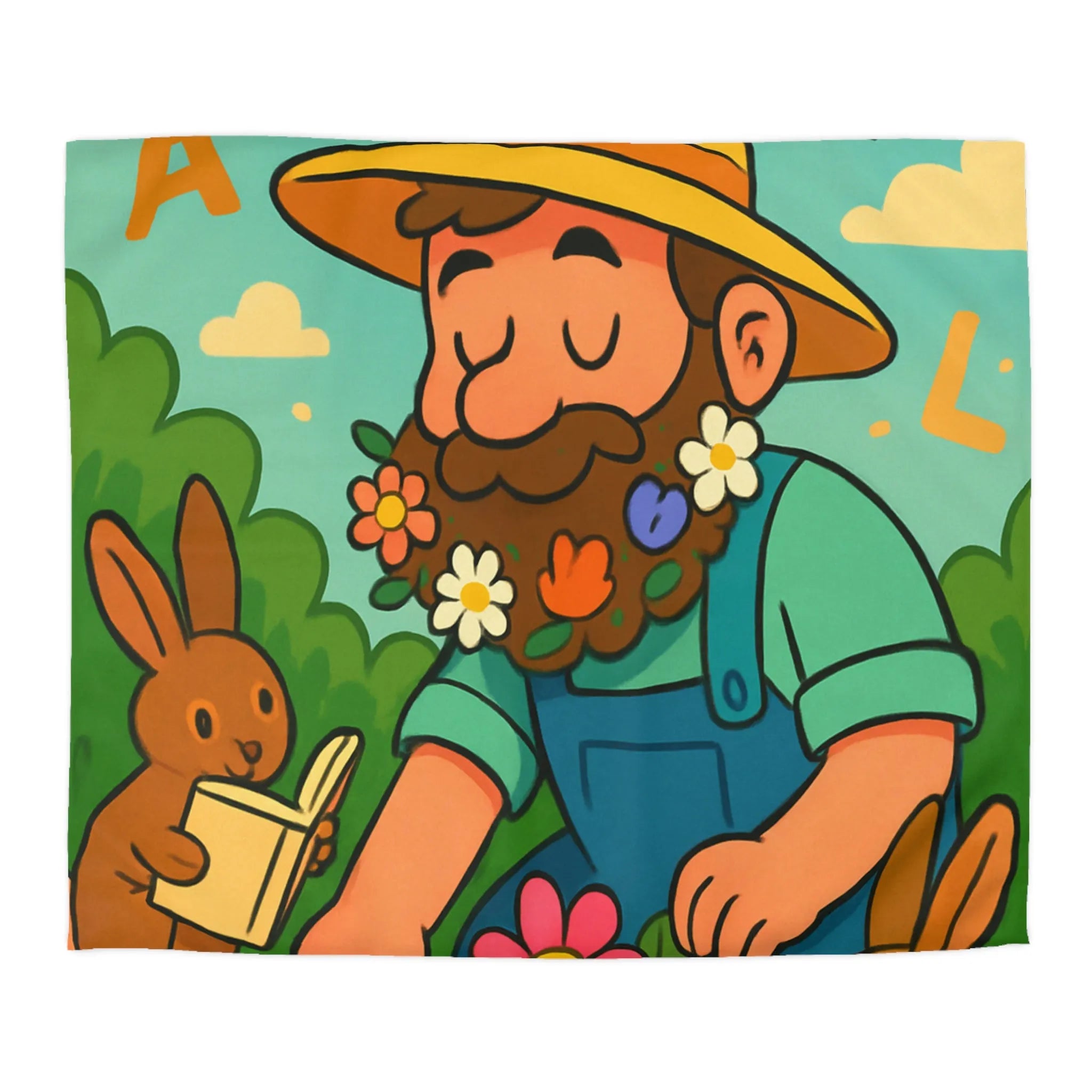 Housse de couette jardin enchanté avec fleurs, lapins et oiseaux colorés pour enfants