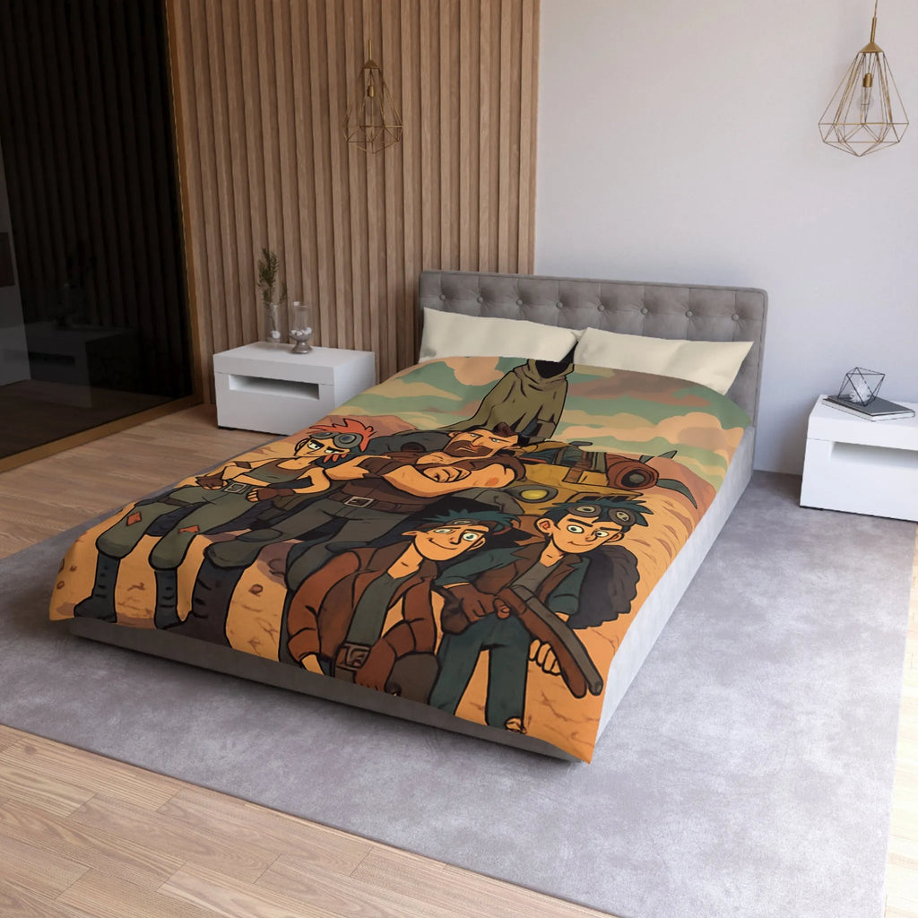 Housse de couette aventure désertique avec personnages et véhicule, style post-apocalyptique