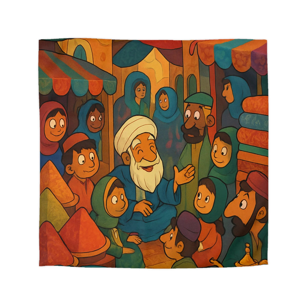 Housse de Couette Colorée Illustrant un Marché Animé avec Scène de Conteurs Traditionnels