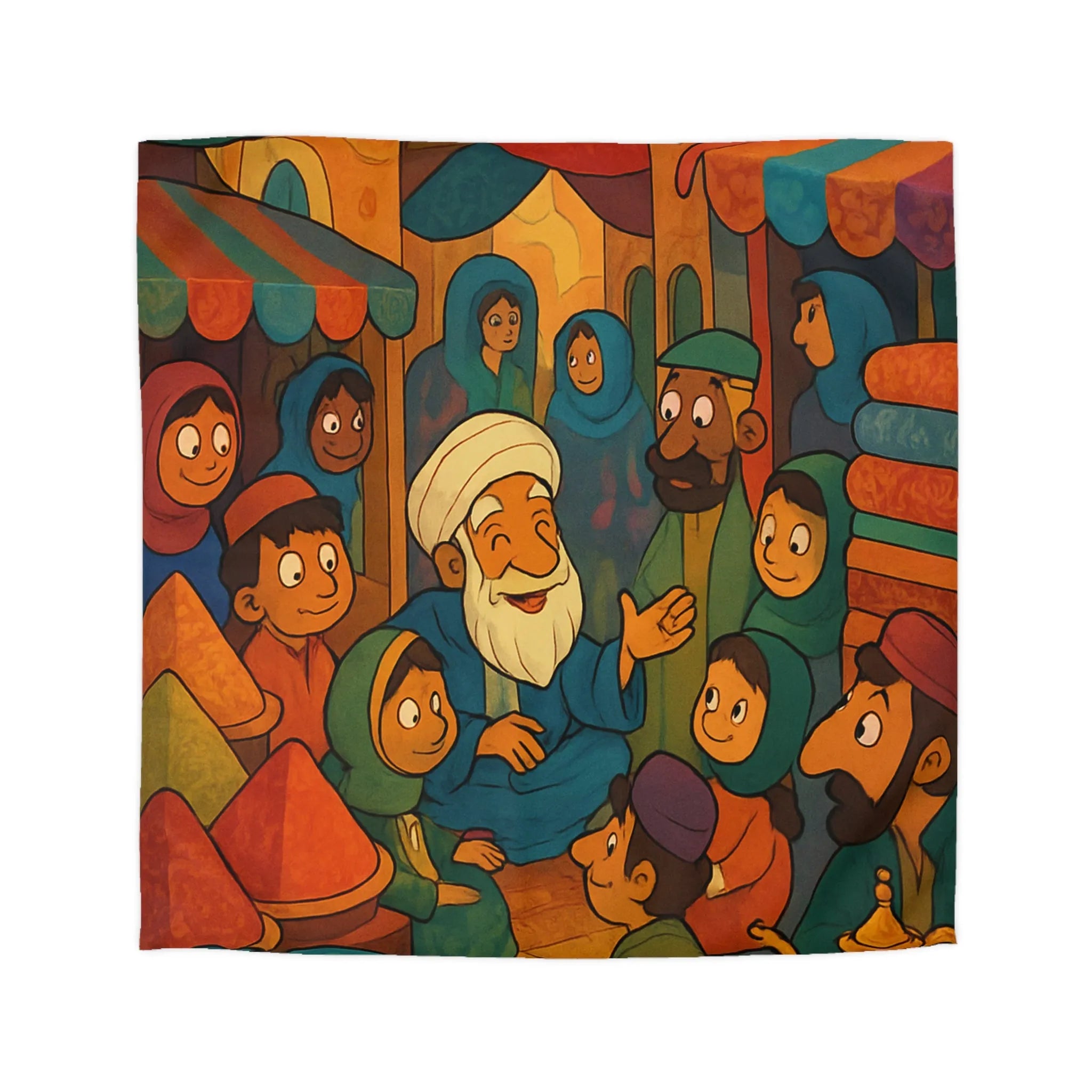 Housse de Couette Colorée Illustrant un Marché Animé avec Scène de Conteurs Traditionnels