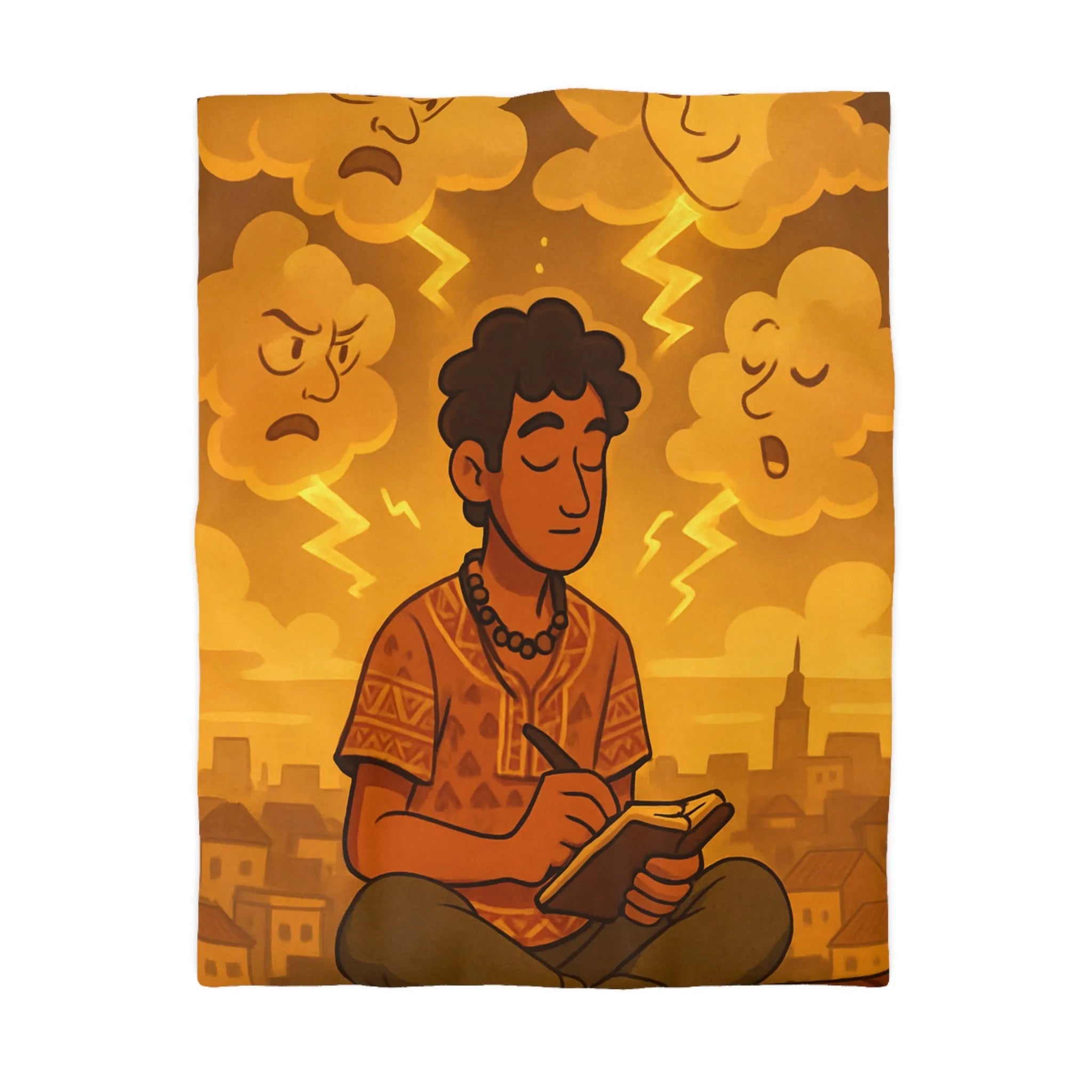 Housse de couette artistique avec motif méditatif, nuageux et expressions émotionnelles illustrées