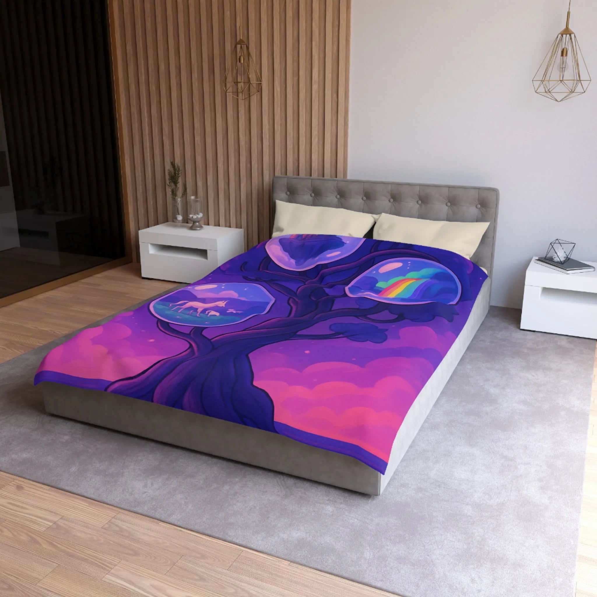 Enchanted Dreamscape Duvet: Mystical Castle, Majestic Unicorn, Vivid Waterfall on Tree