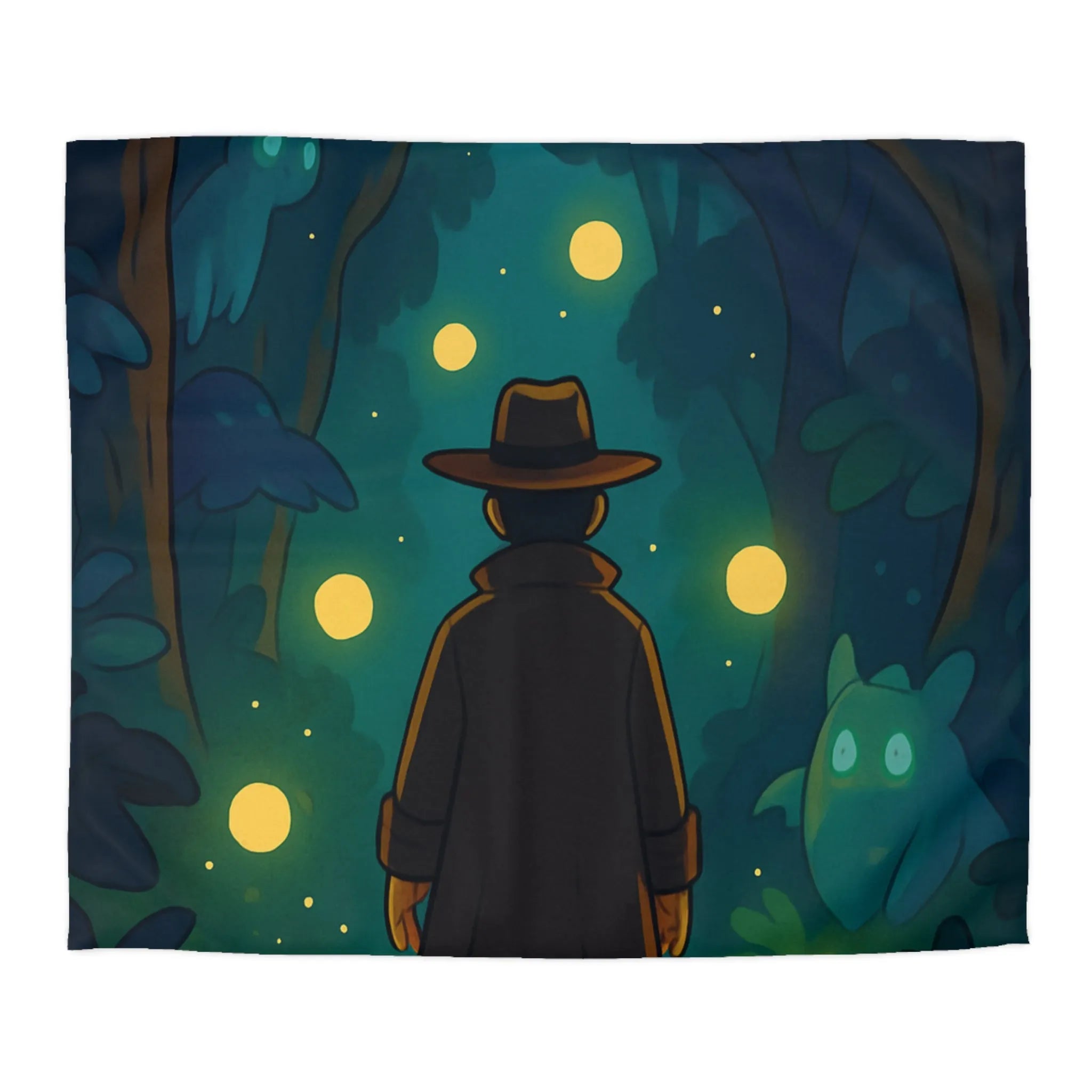 Housse de Couette Forêt Mystique avec Créatures Lumineuses et Promeneur en Chapeau
