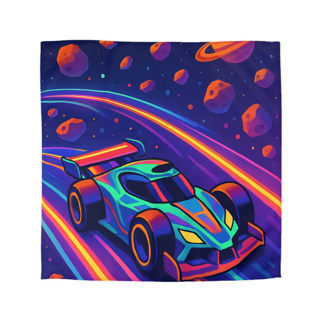 Éblouissante Housse de Couette avec Voiture Néon Galactique et Planètes Colorées