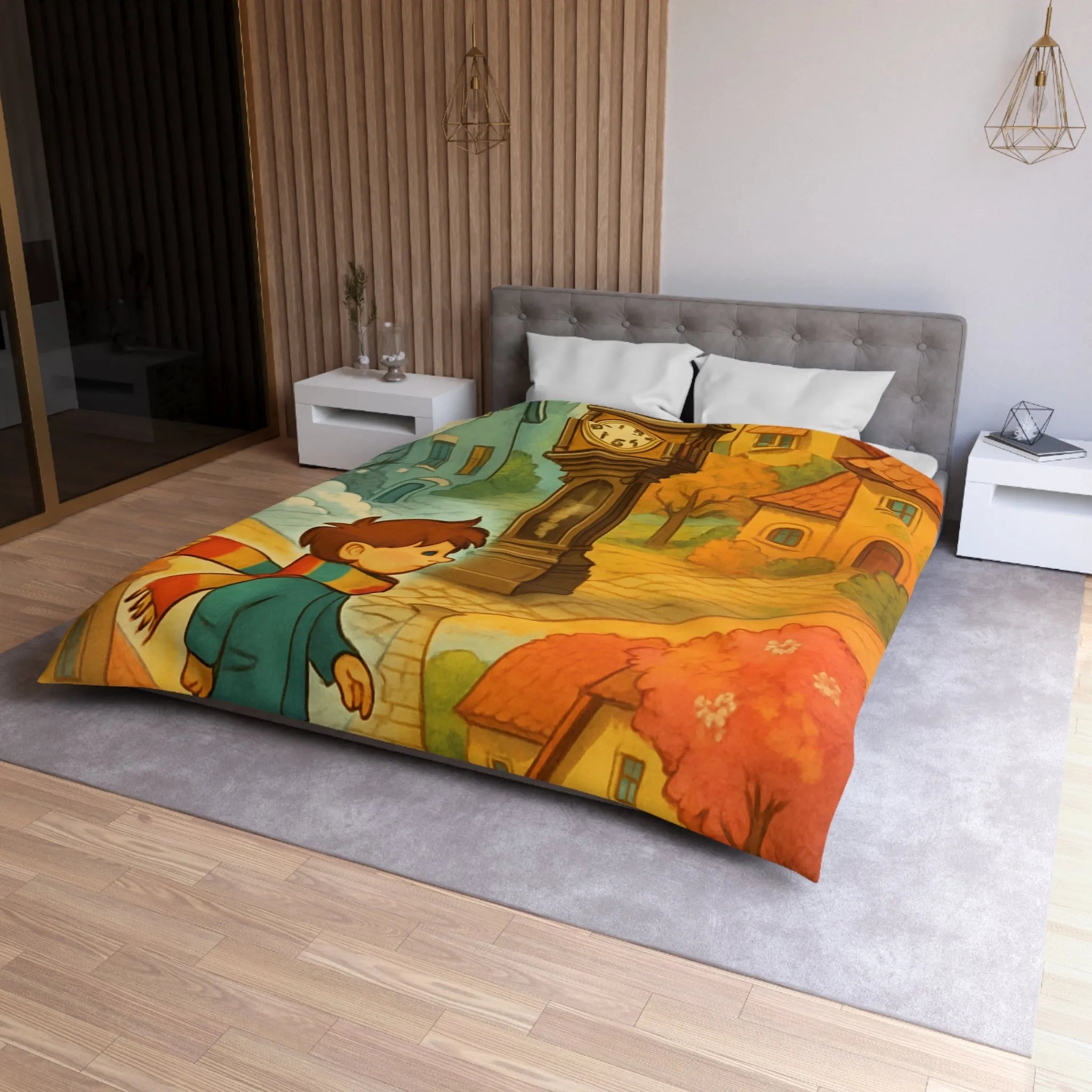 Housse de Couette Enfant Colorée avec Scène Enchanteresse de Village et Horloge Fantaisiste