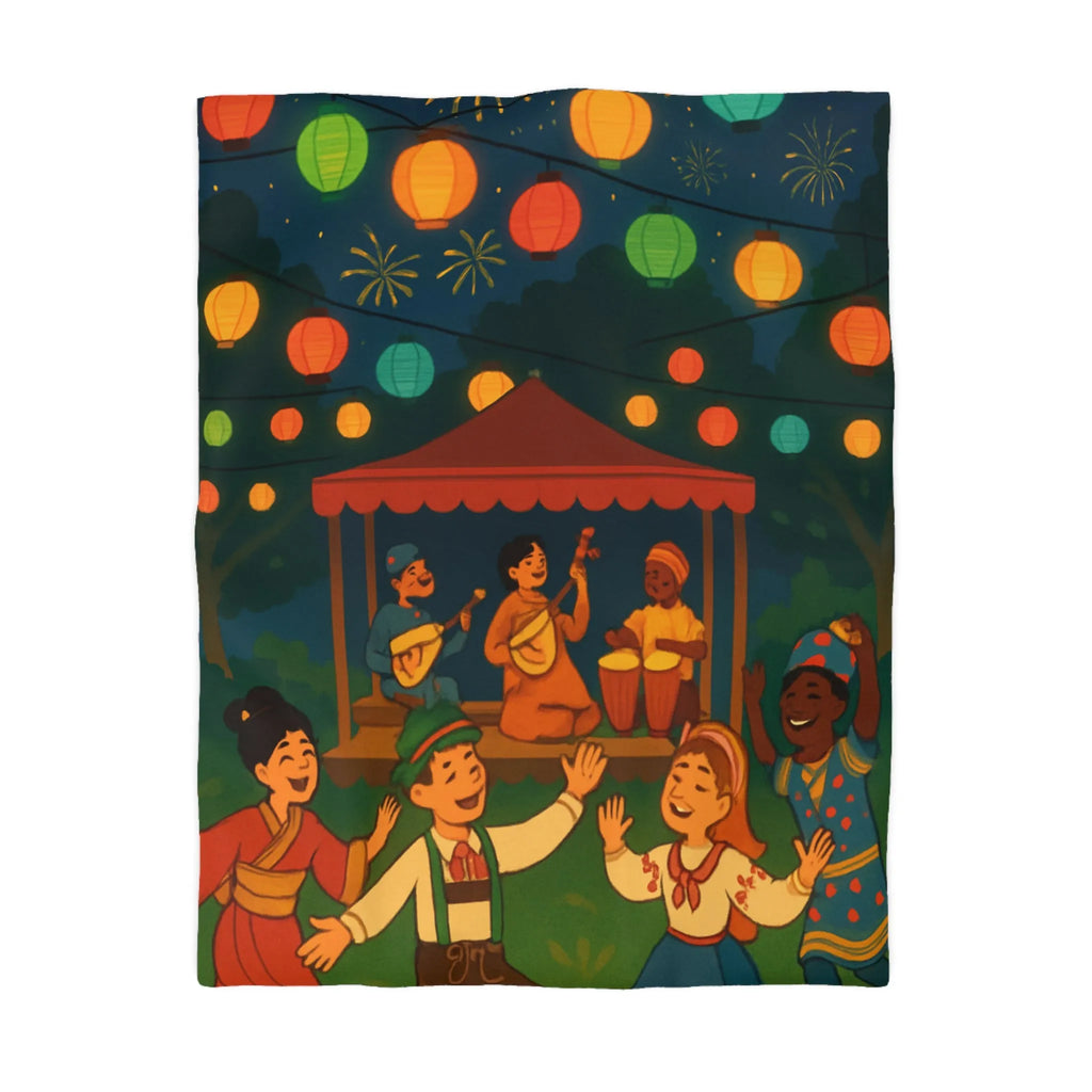 Housse de Couette Enfant Festive avec Lanternes Colorées et Scène de Musique en Plein Air