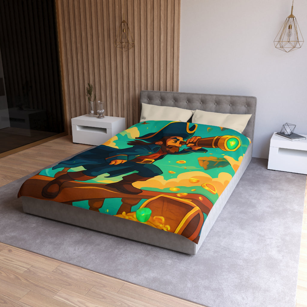 Housse de couette pirate vibrant bleu avec trésor doré et nuages flottants