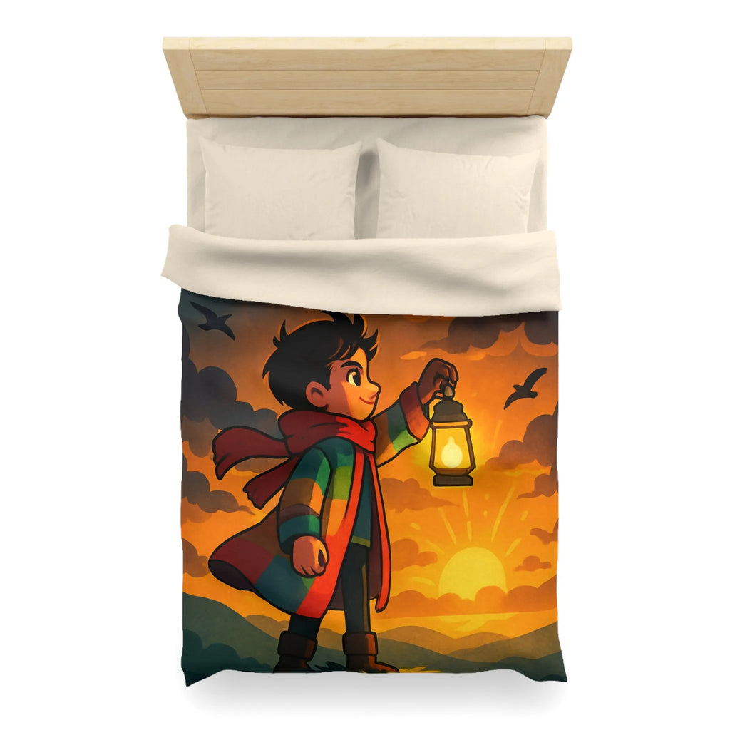 Housse de couette avec illustration enfantine colorée : garçon, lanterne, ciel dramatique