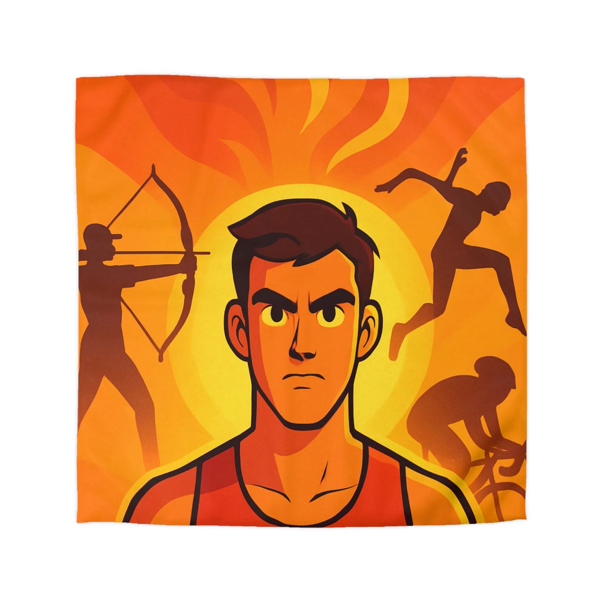 Housse de couette dynamique orange avec motifs sportifs et personnages déterminés en action