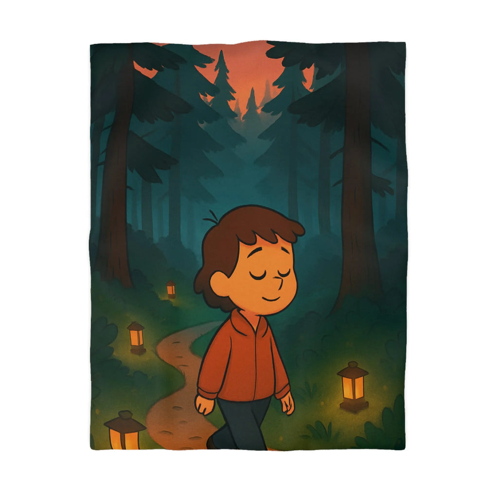 Housse de couette enfantine avec décor paisible de forêt au crépuscule pleine de lanternes