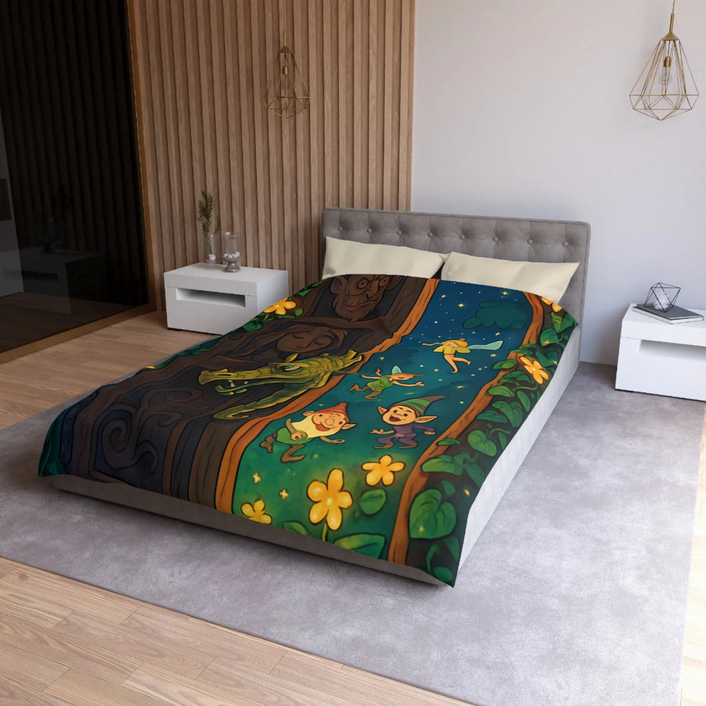 Housse de couette magique avec fées et lutins dans une forêt enchantée la nuit