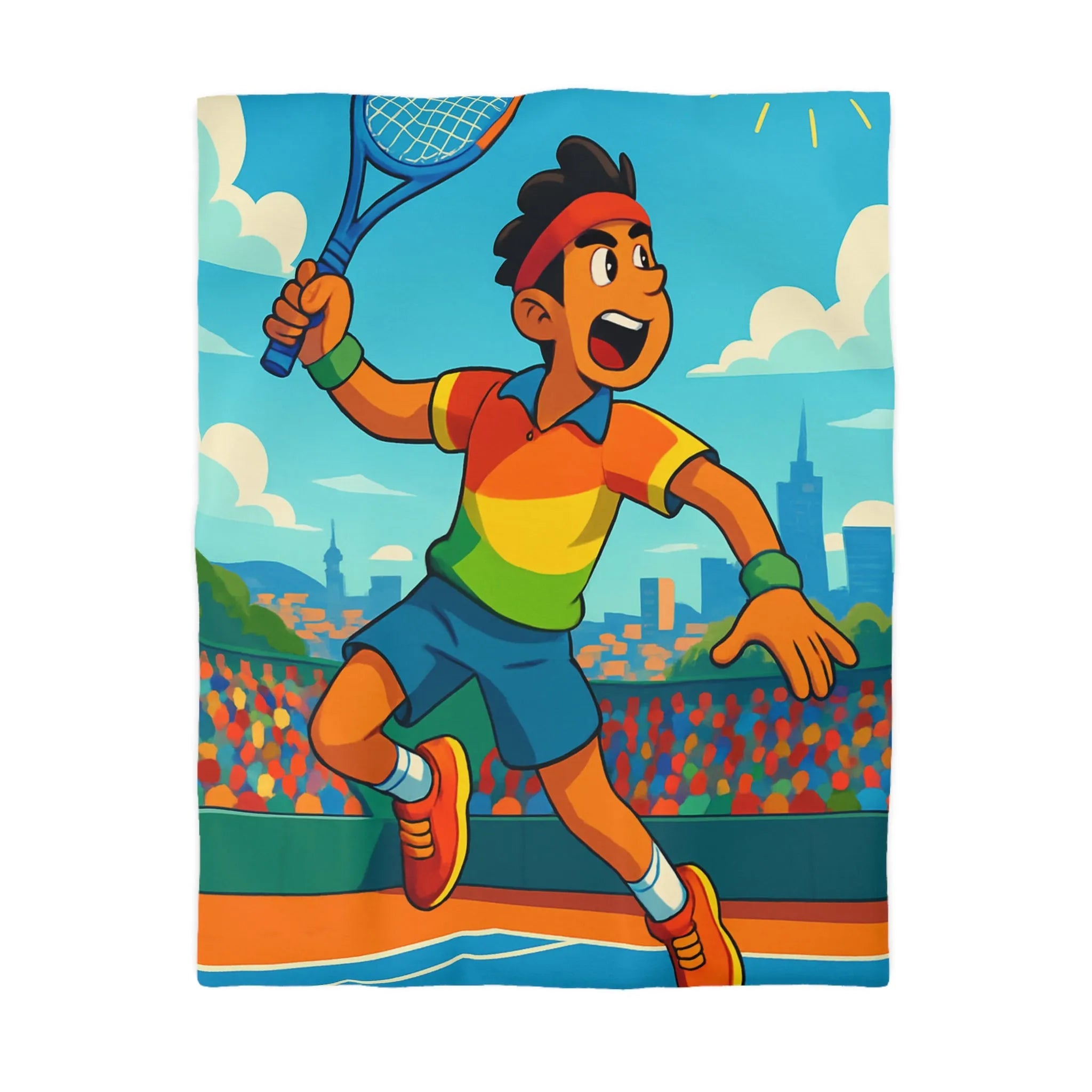 Housse de couette colorée avec joueur de tennis sautant en plein match estival
