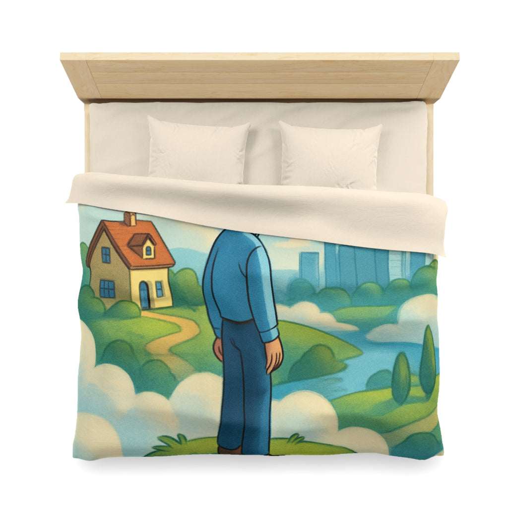 Illustration de rêve serein de paysage flottant avec personnage et ville éloignée