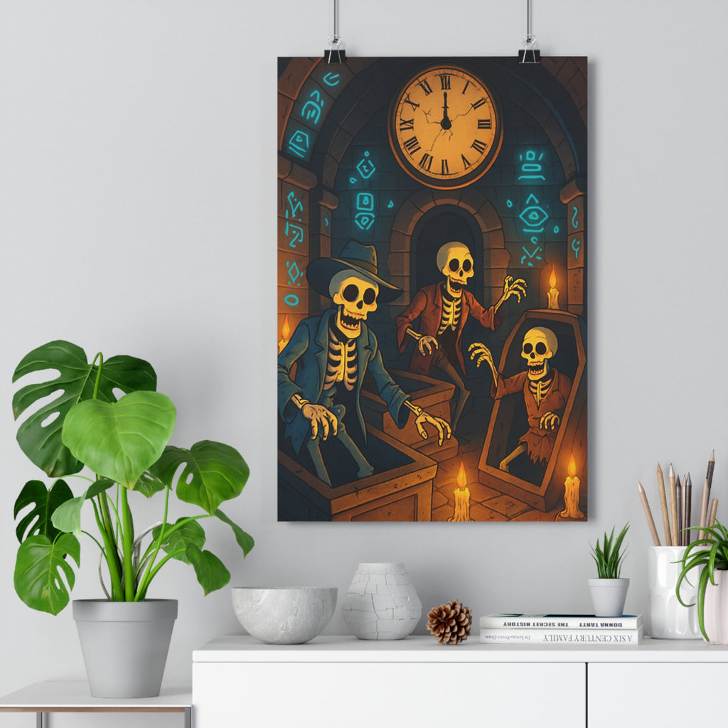 Poster décoratif macabre cartoon mystique bleu sombre chambre salon ambiance squelettes horloge pierre symbols