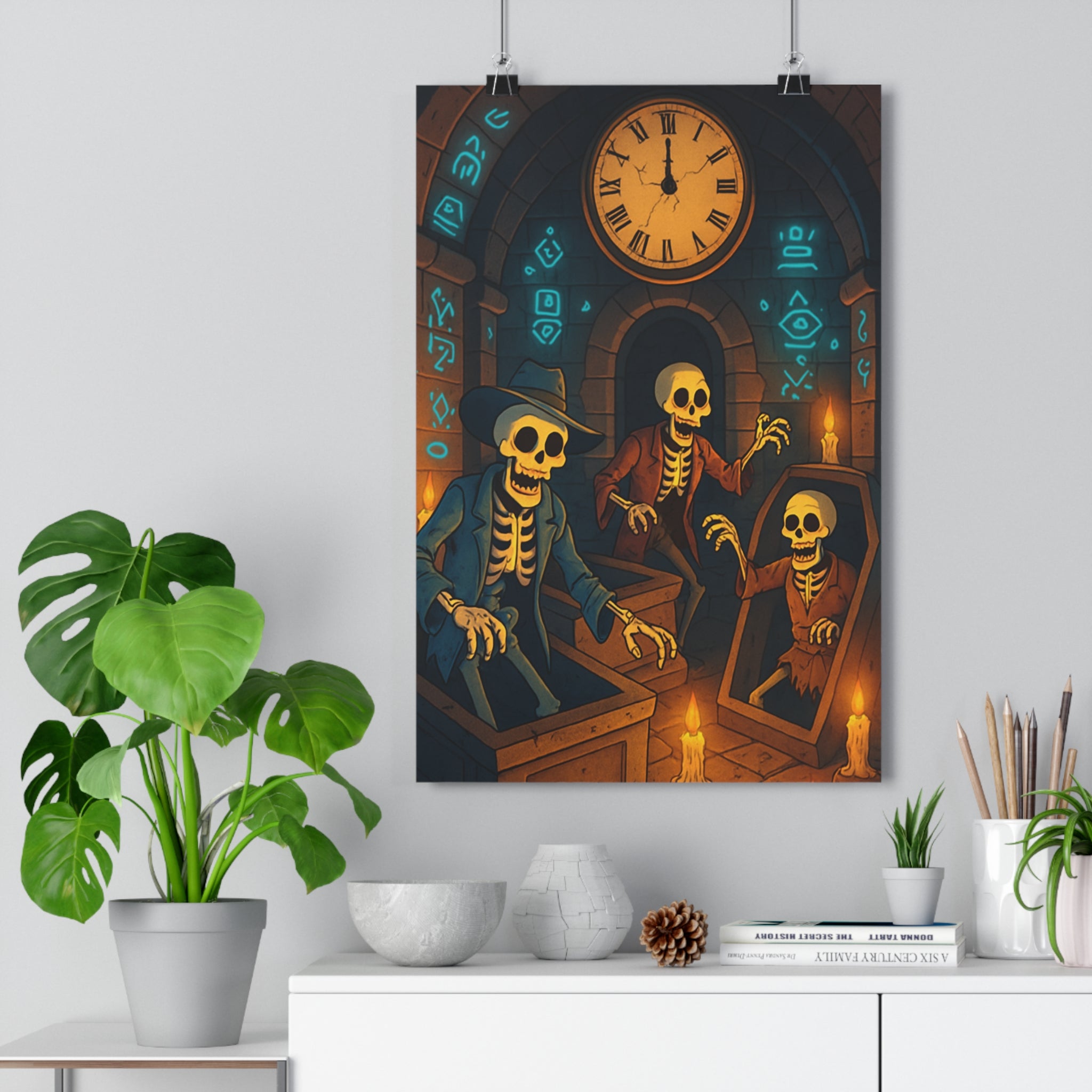 Poster décoratif macabre cartoon mystique bleu sombre chambre salon ambiance squelettes horloge pierre symbols