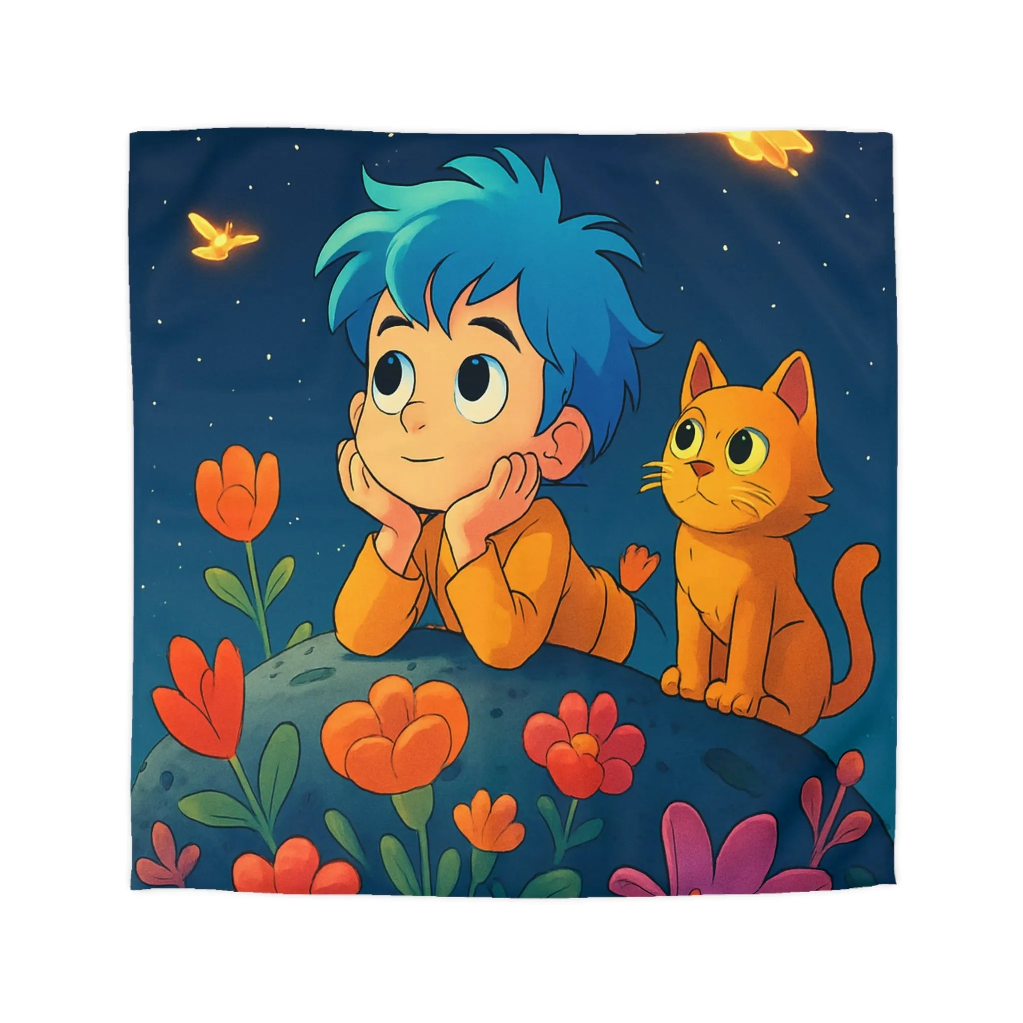 Housse de Couette Enfant Émerveillé Observant Papillons Lumineux sous Ciel Étoilé