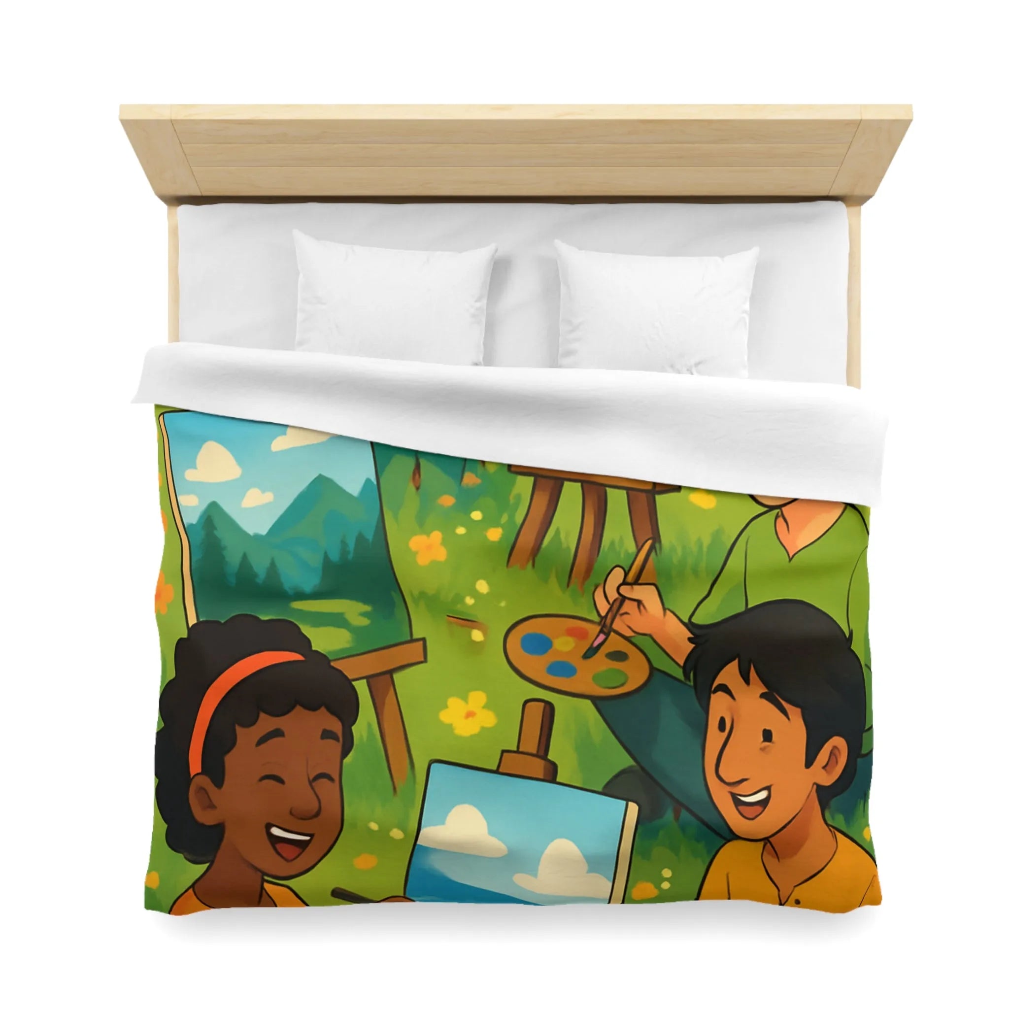 Housse de couette décorative avec enfants peignant dans champ fleuri en plein air