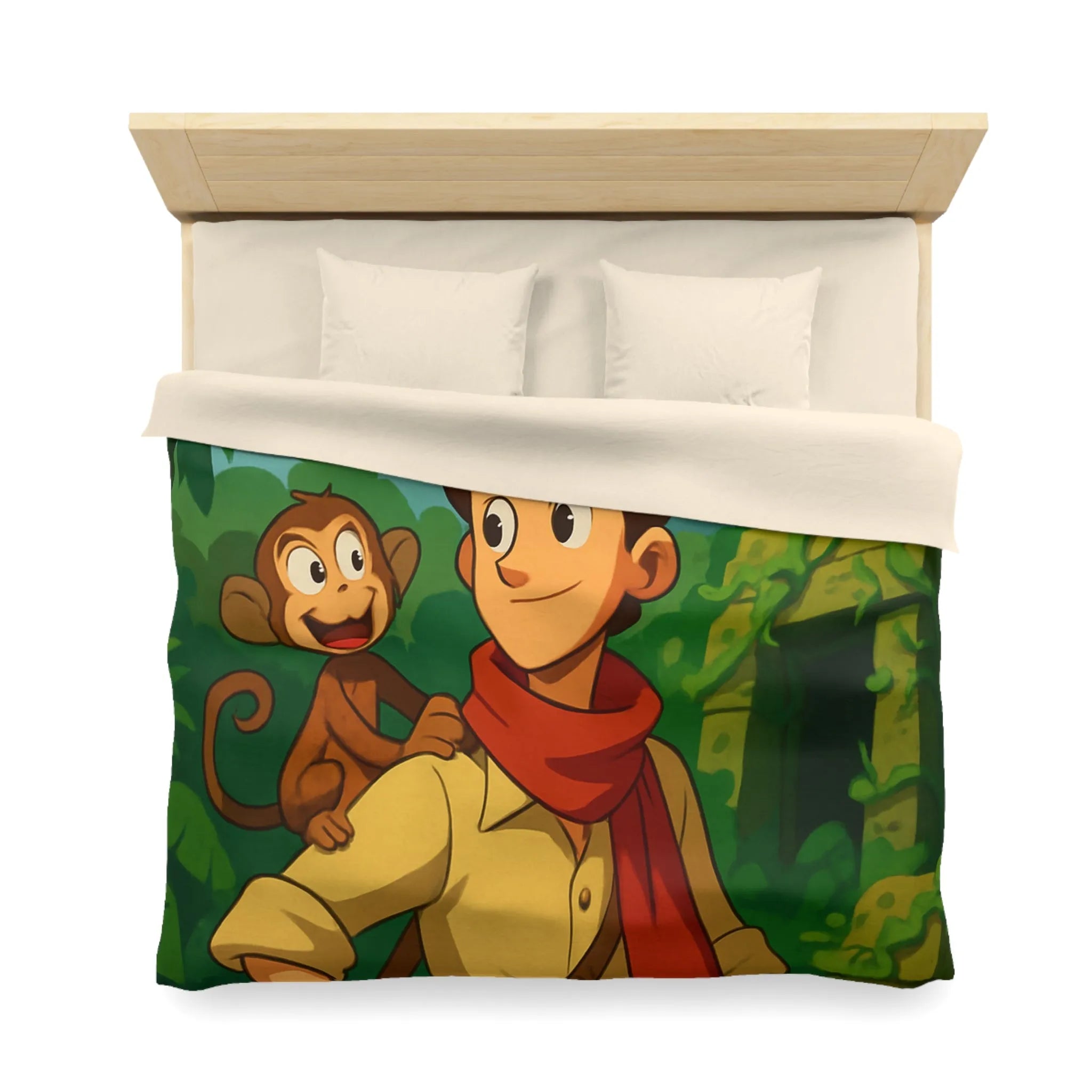 Housse de couette jungle aventure avec singe, avion biplan et ruines mystérieuses
