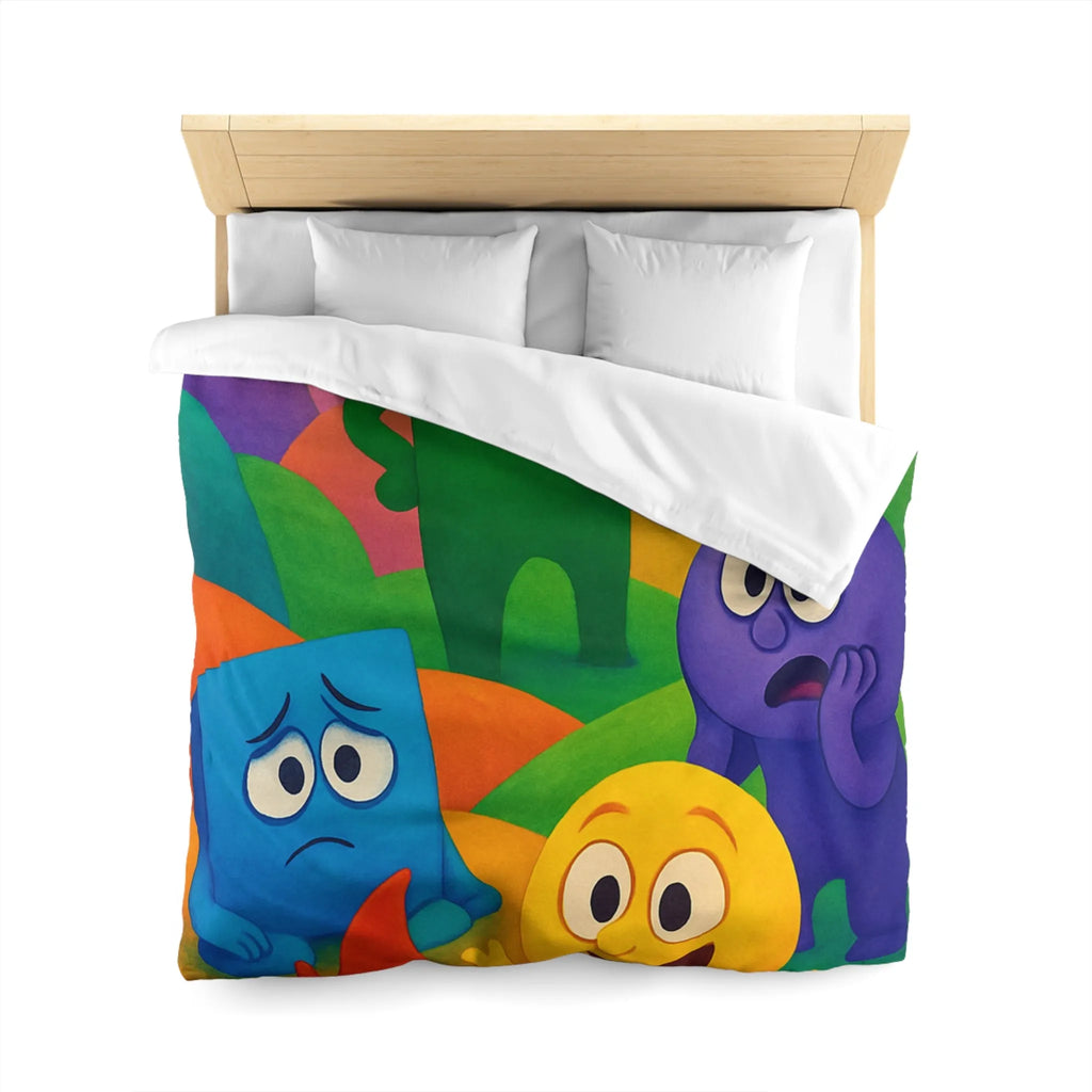 Housse de couette colorée avec personnages expressifs sur fond de collines arc-en-ciel