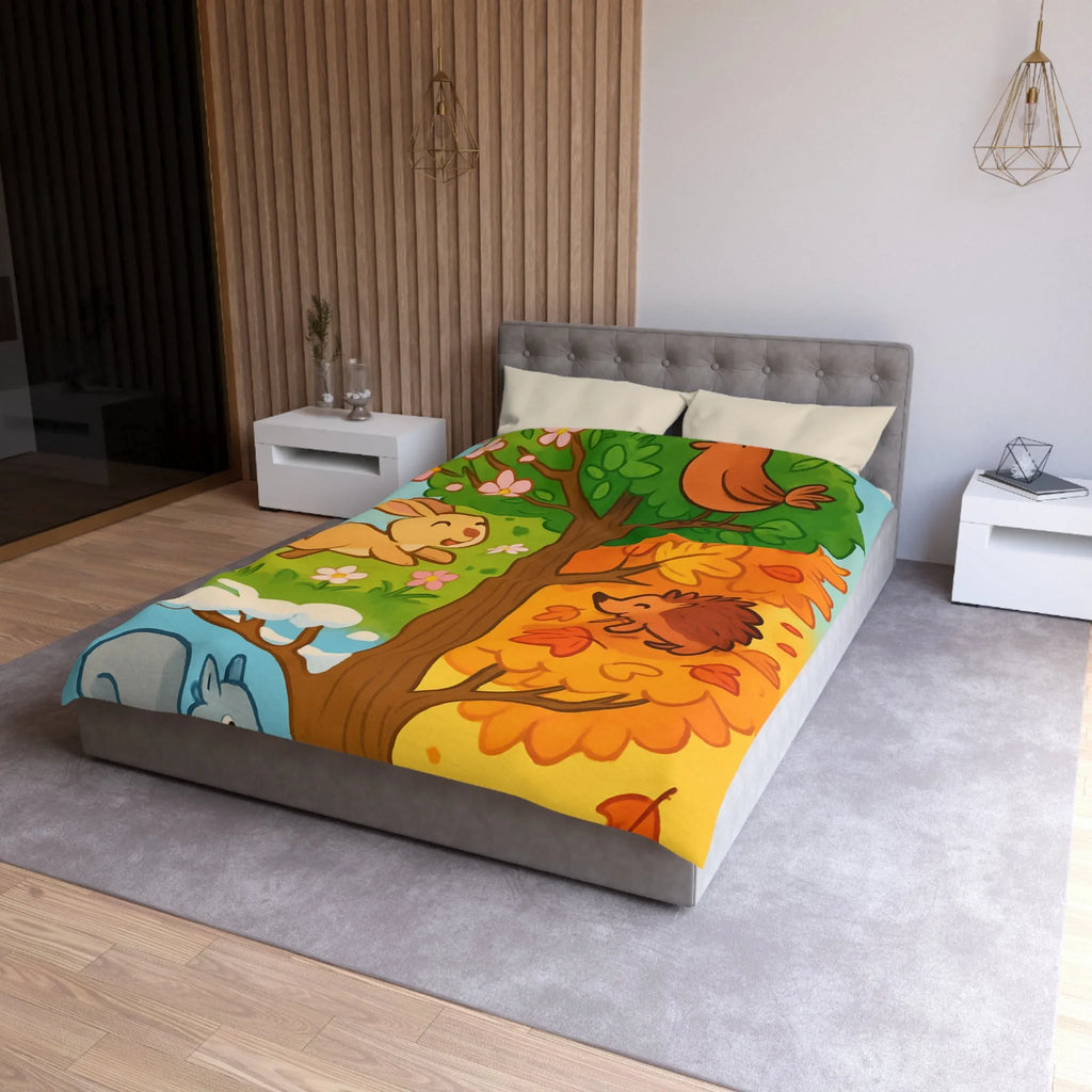 Housse de couette imprimée animaux des quatre saisons avec arbre coloré, nature joyeuse