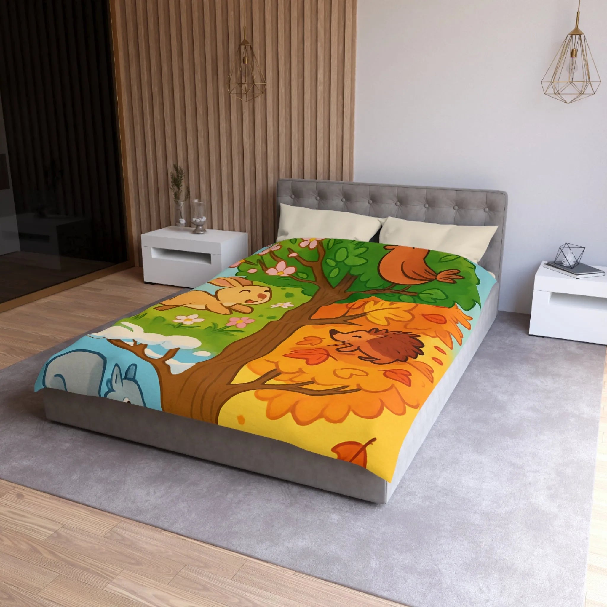 Housse de couette imprimée animaux des quatre saisons avec arbre coloré, nature joyeuse