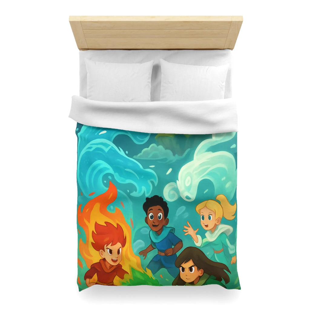 Housse de couette avec illustration de jeunes héros des éléments devant un château magique