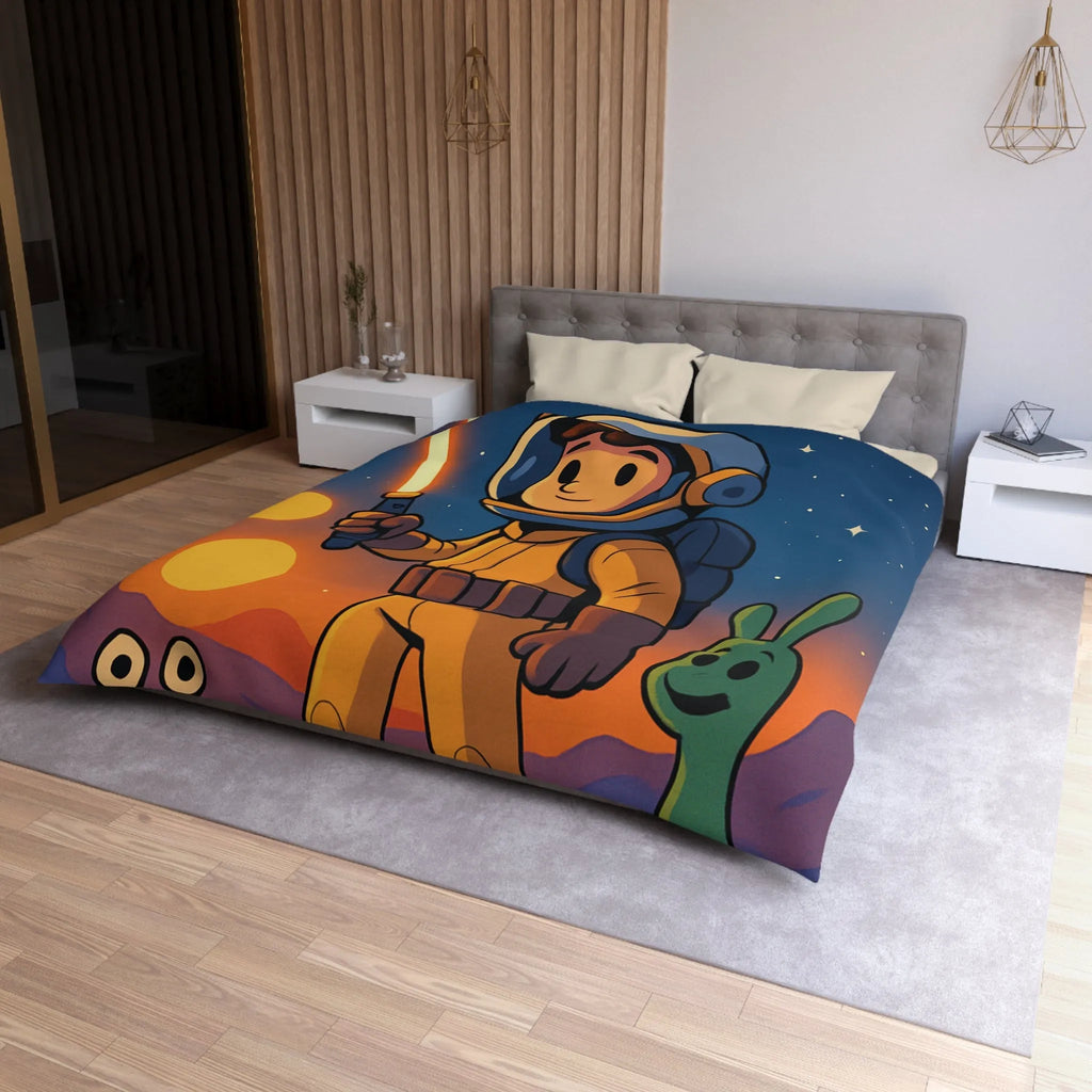 Adorable Espace: Astronaute Enfant Avec Épée Lumineuse Et Créatures Amusantes Sur Une Planet