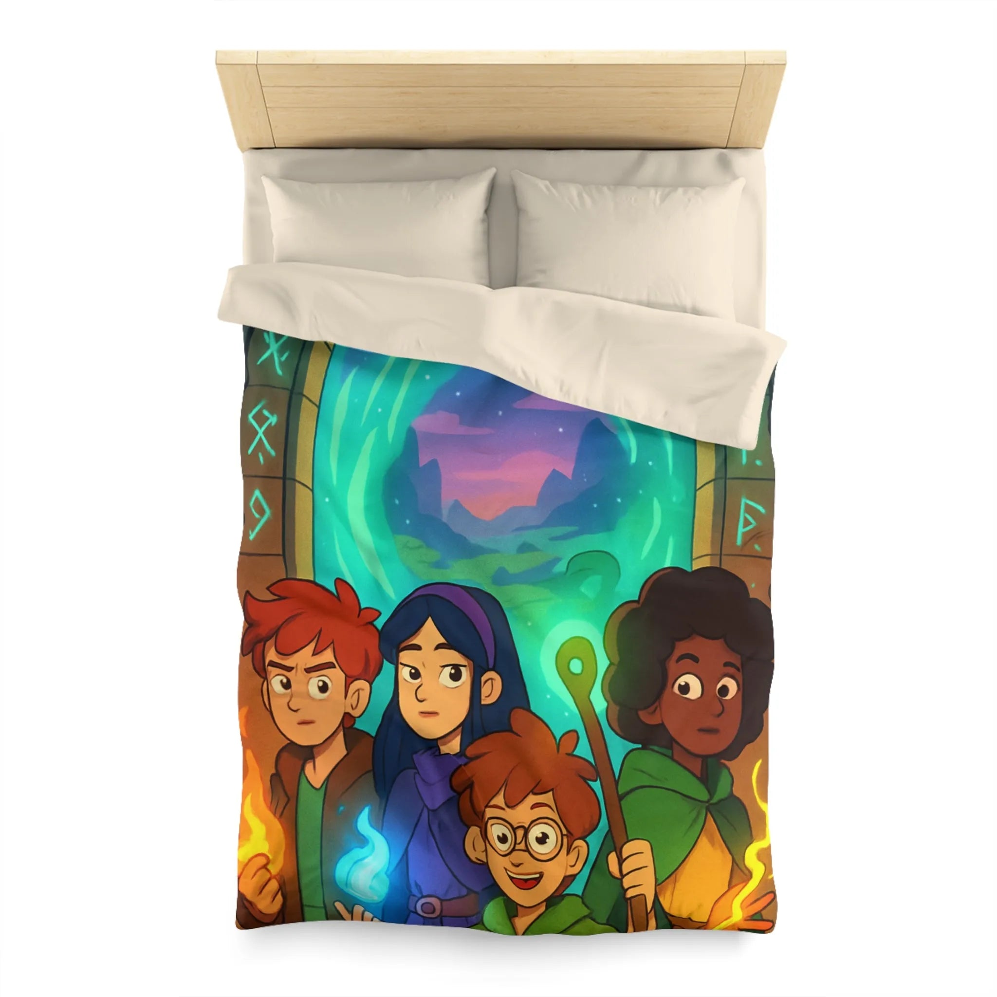 Housse de couette magique avec aventuriers devant portail et runes lumineuses