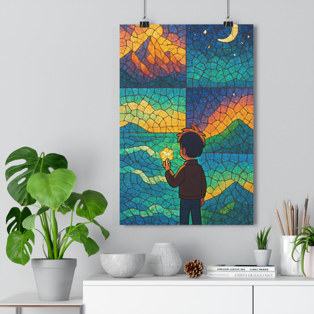 Poster décoratif artistique mosaïque montagne ciel étoilé nocturne bleu violet chambre ambiance onirique qualité