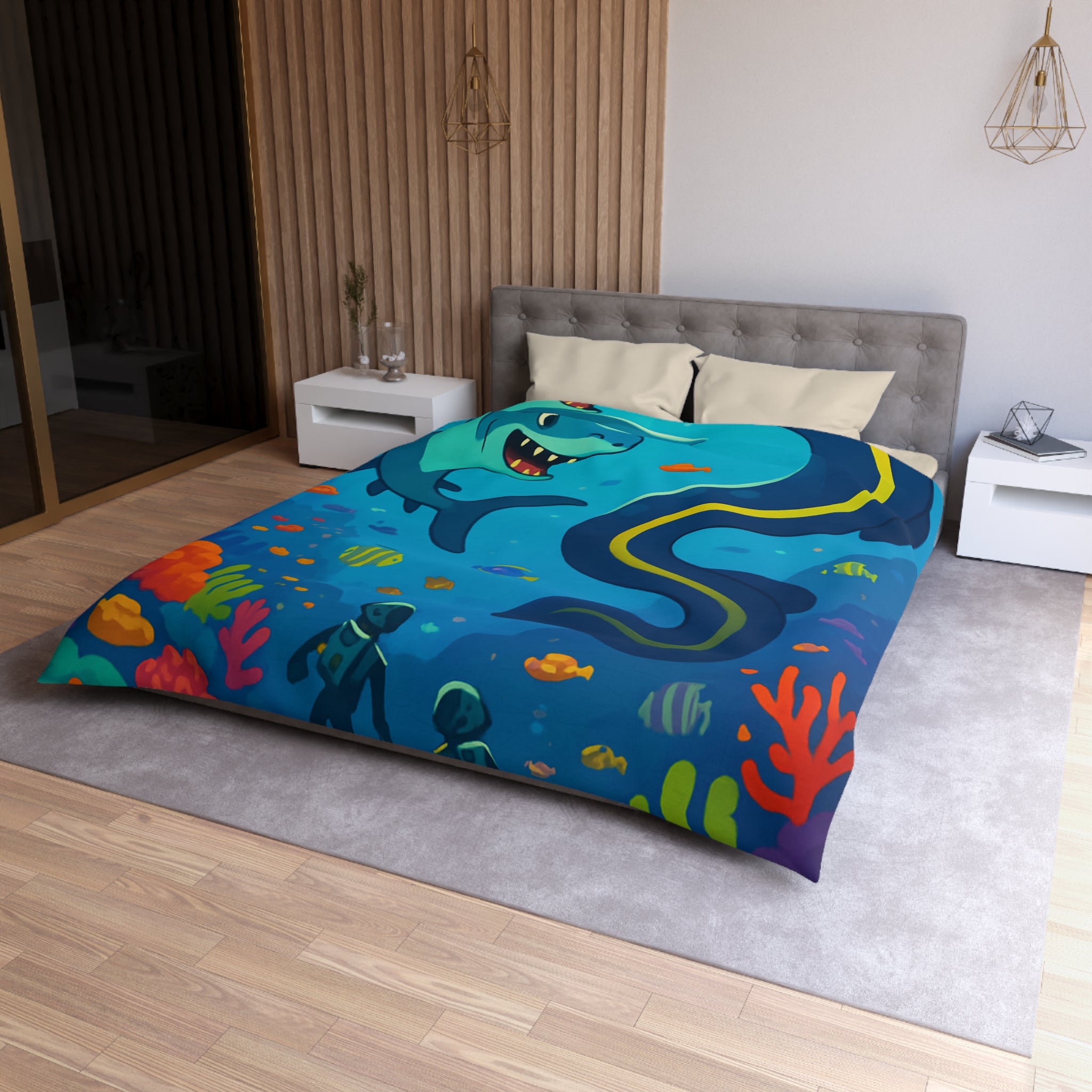 Housse de couette océan vibrante avec requins amicaux et plongeurs explorateurs