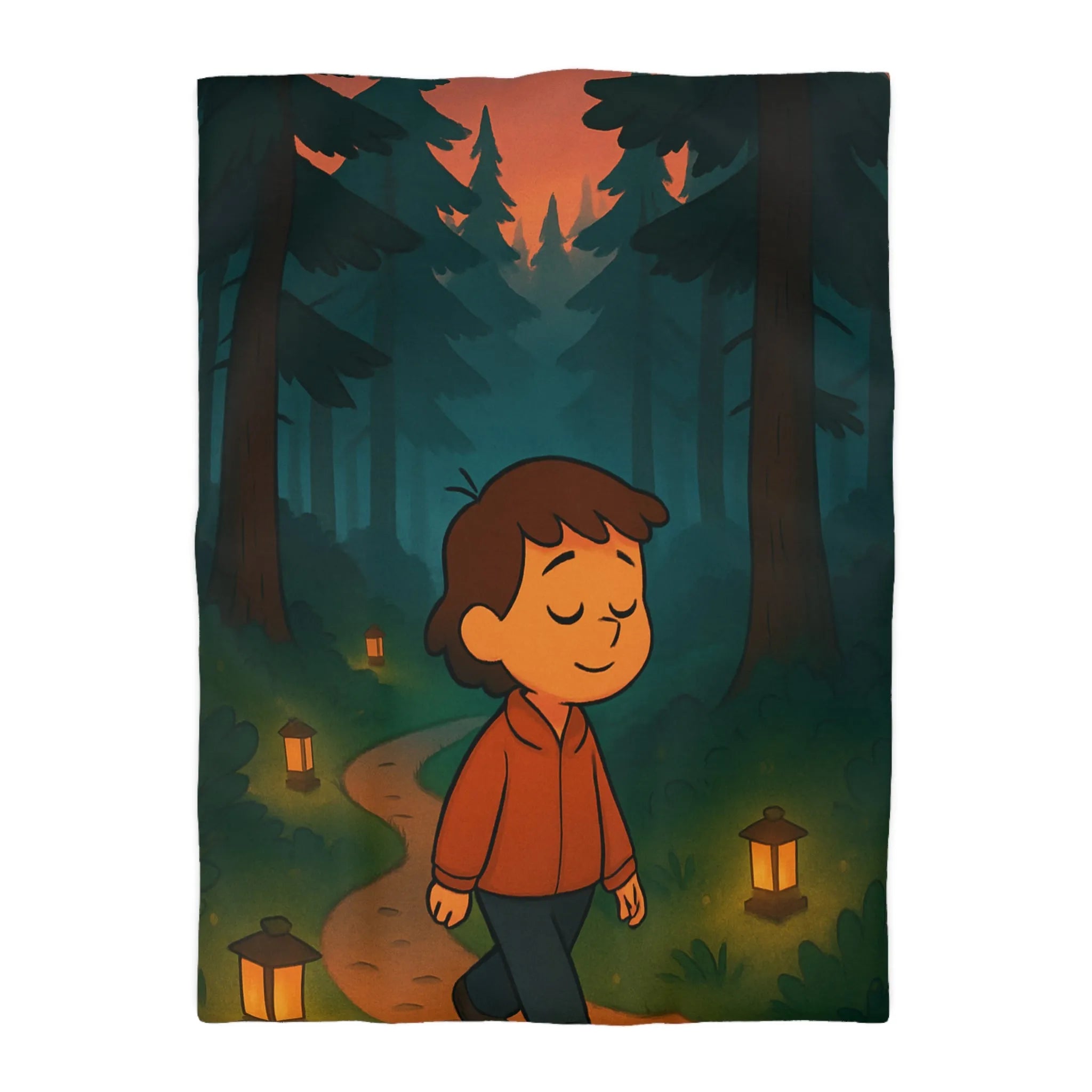 Housse de couette enfantine avec décor paisible de forêt au crépuscule pleine de lanternes